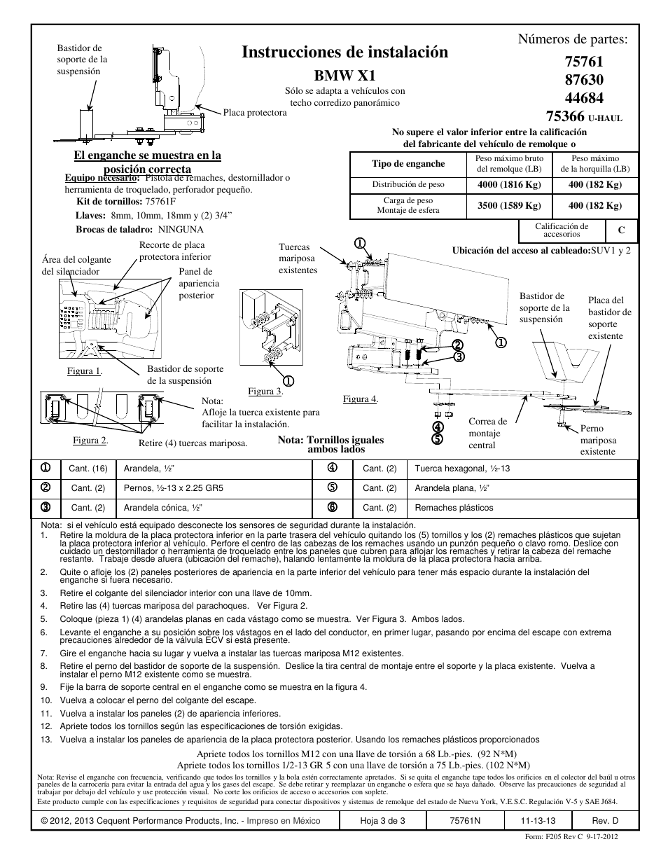 Instrucciones de instalación, Bmw x1, Números de partes | Draw-Tite 75761 MAX-FRAME RECEIVER User Manual | Page 3 / 3