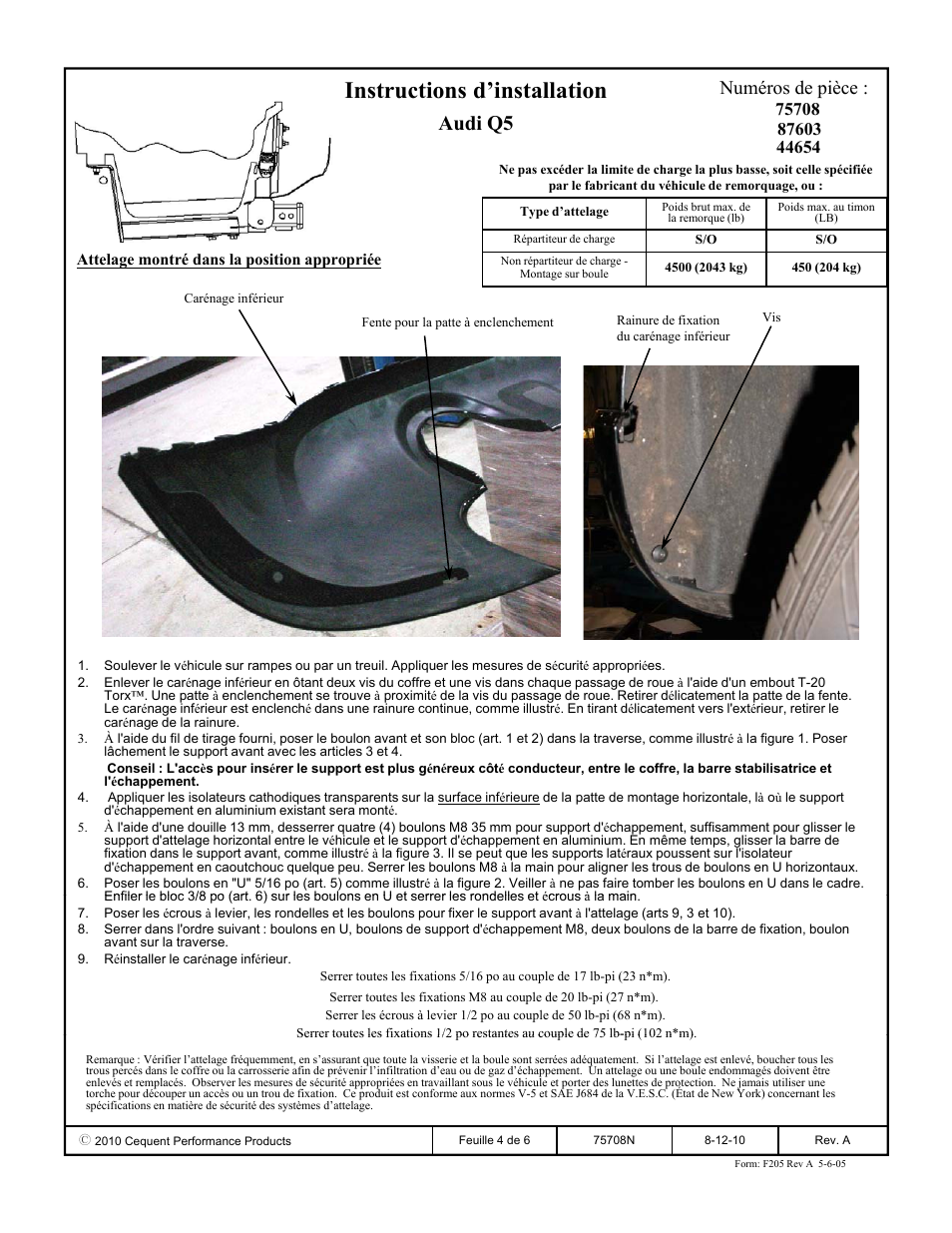 Instructions d’installation, Audi q5, Numéros de pièce | Draw-Tite 75708 MAX-FRAME RECEIVER User Manual | Page 4 / 6