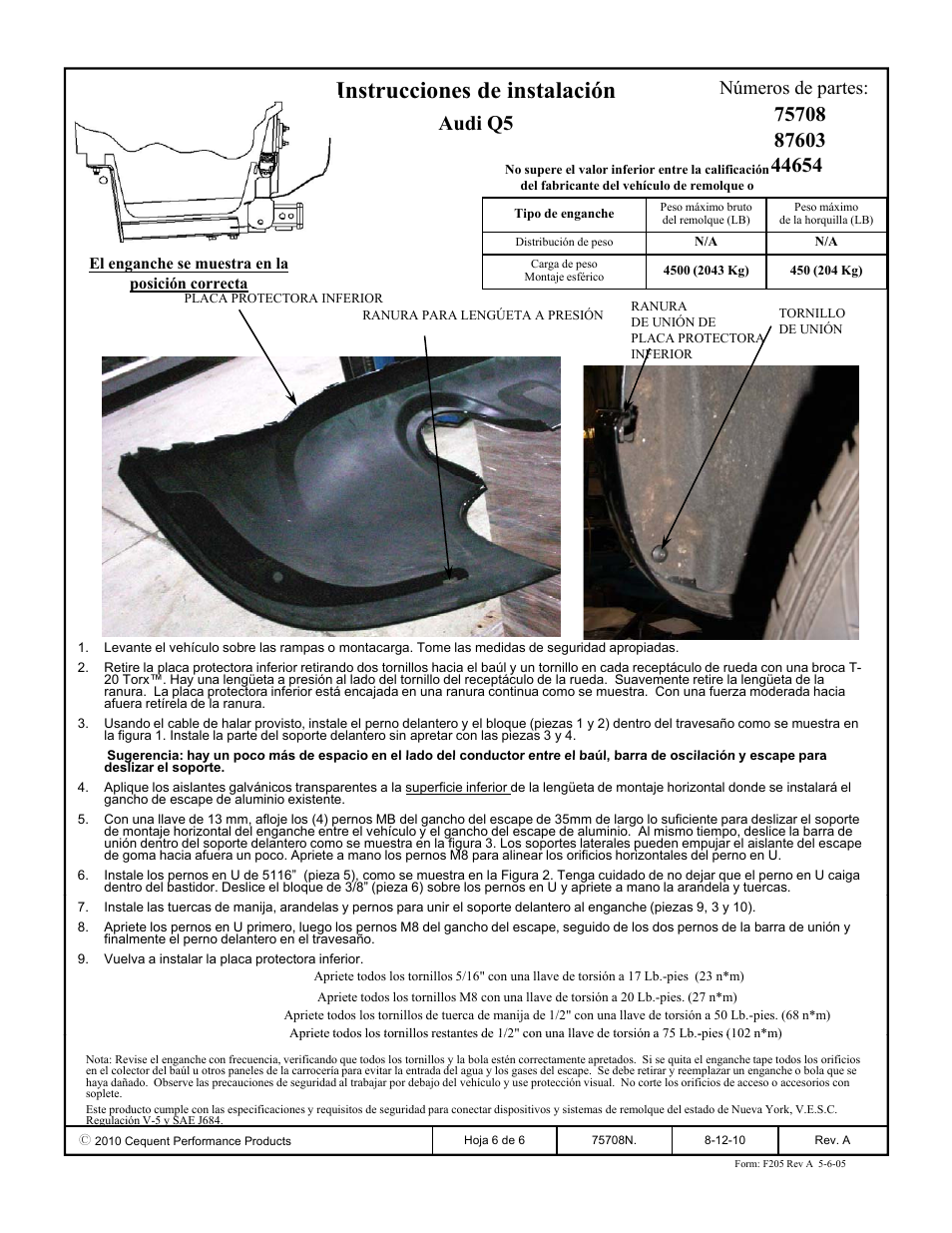 Instrucciones de instalación, Audi q5, Números de partes | Draw-Tite 75708 MAX-FRAME RECEIVER User Manual | Page 6 / 6
