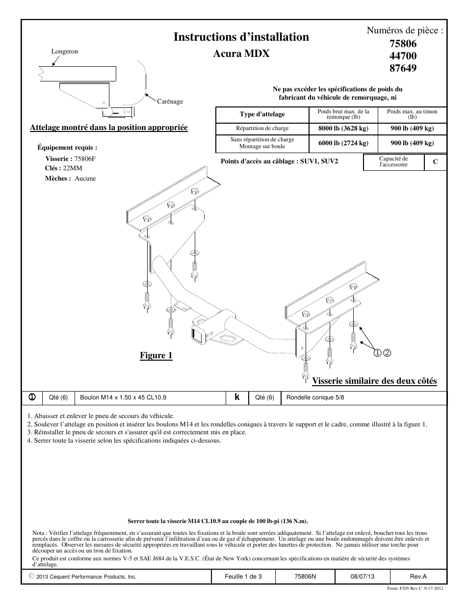 Instructions d’installation, Acura mdx, Numéros de pièce | Visserie similaire des deux côtés, Figure 1 | Draw-Tite 75806 MAX-FRAME RECEIVER User Manual | Page 2 / 3