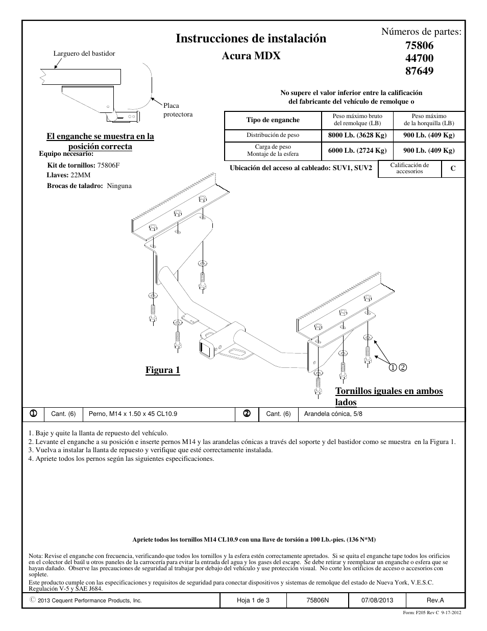 Instrucciones de instalación, Acura mdx, Números de partes | Tornillos iguales en ambos lados, Figura 1 | Draw-Tite 75806 MAX-FRAME RECEIVER User Manual | Page 3 / 3