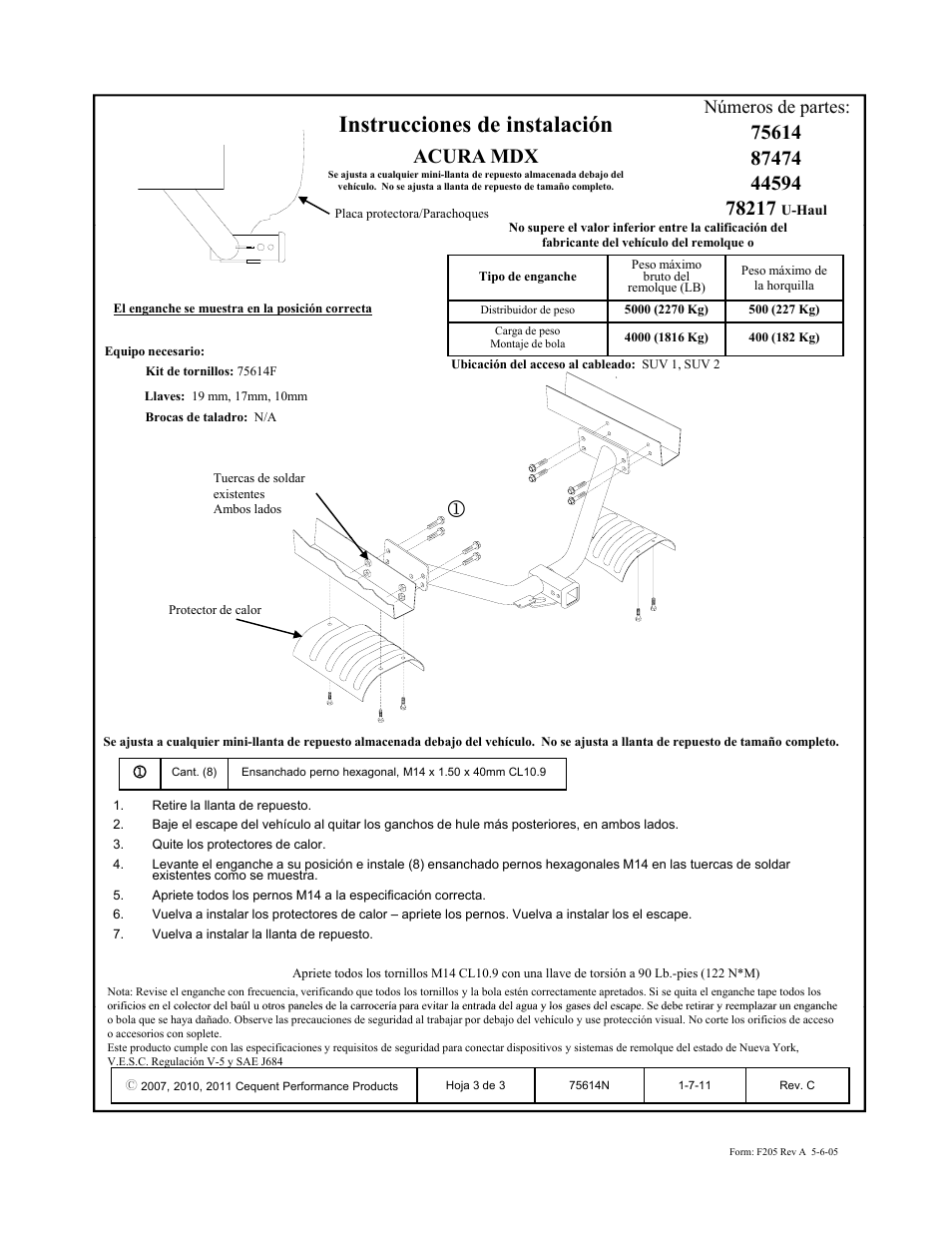 Instrucciones de instalación, Acura mdx, Números de partes | Draw-Tite 75614 MAX-FRAME RECEIVER User Manual | Page 3 / 3