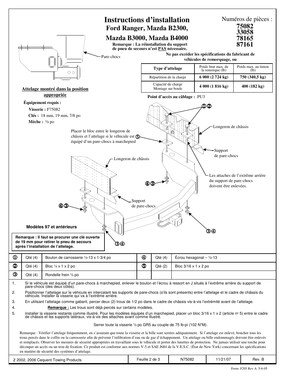 Instructions d’installation, Numéros de pièces | Draw-Tite 75082 MAX-FRAME RECEIVER User Manual | Page 2 / 3