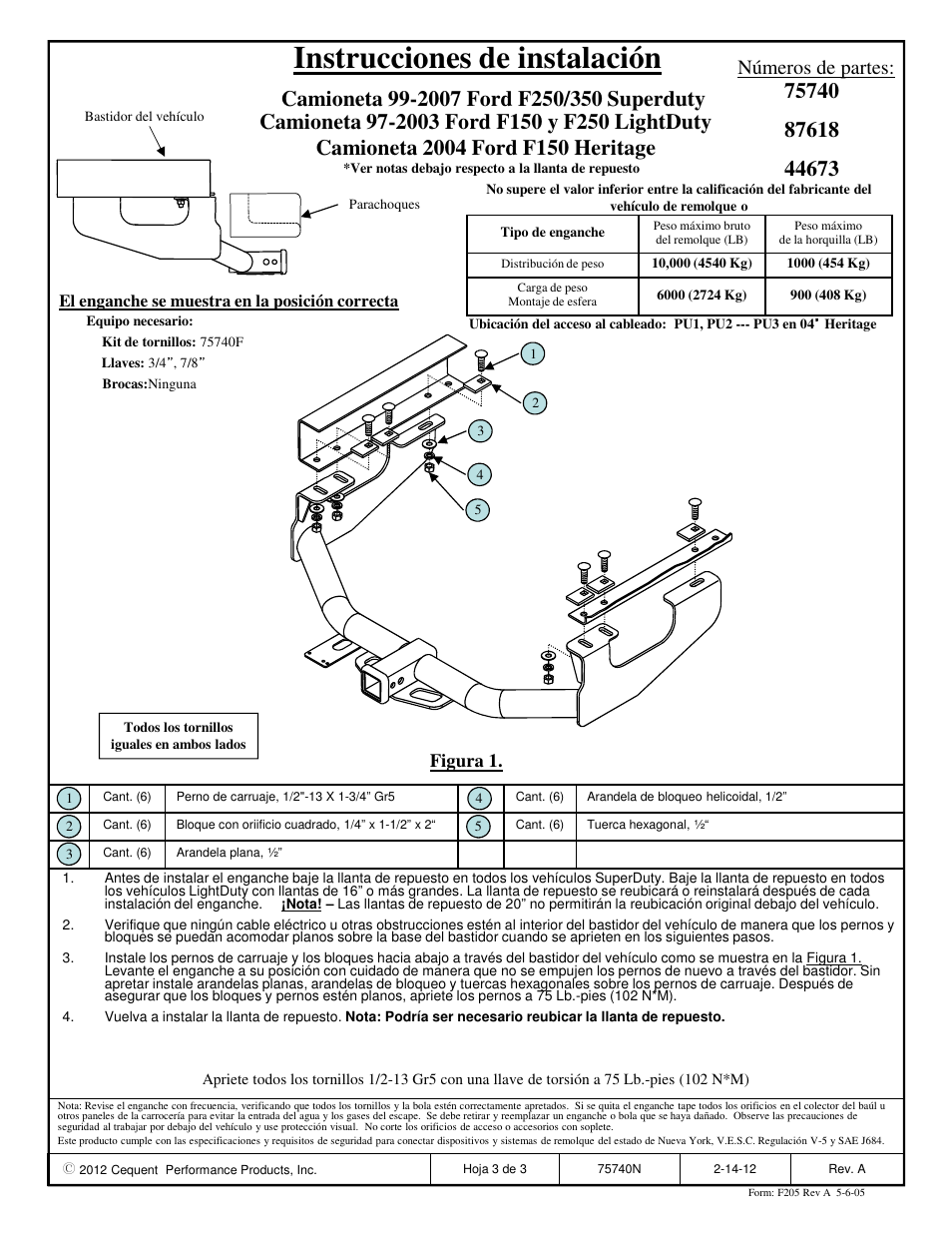 Instrucciones de instalación, Números de partes, Figura 1 | Draw-Tite 75740 MAX-FRAME RECEIVER User Manual | Page 3 / 3