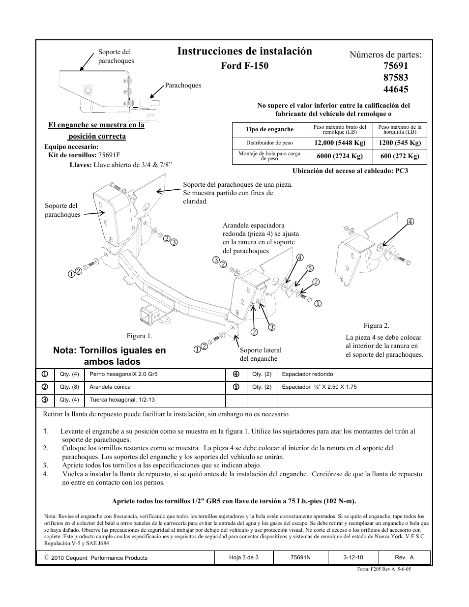 Instrucciones de instalación, Ford f-150 | Draw-Tite 75691 MAX-FRAME RECEIVER User Manual | Page 3 / 3
