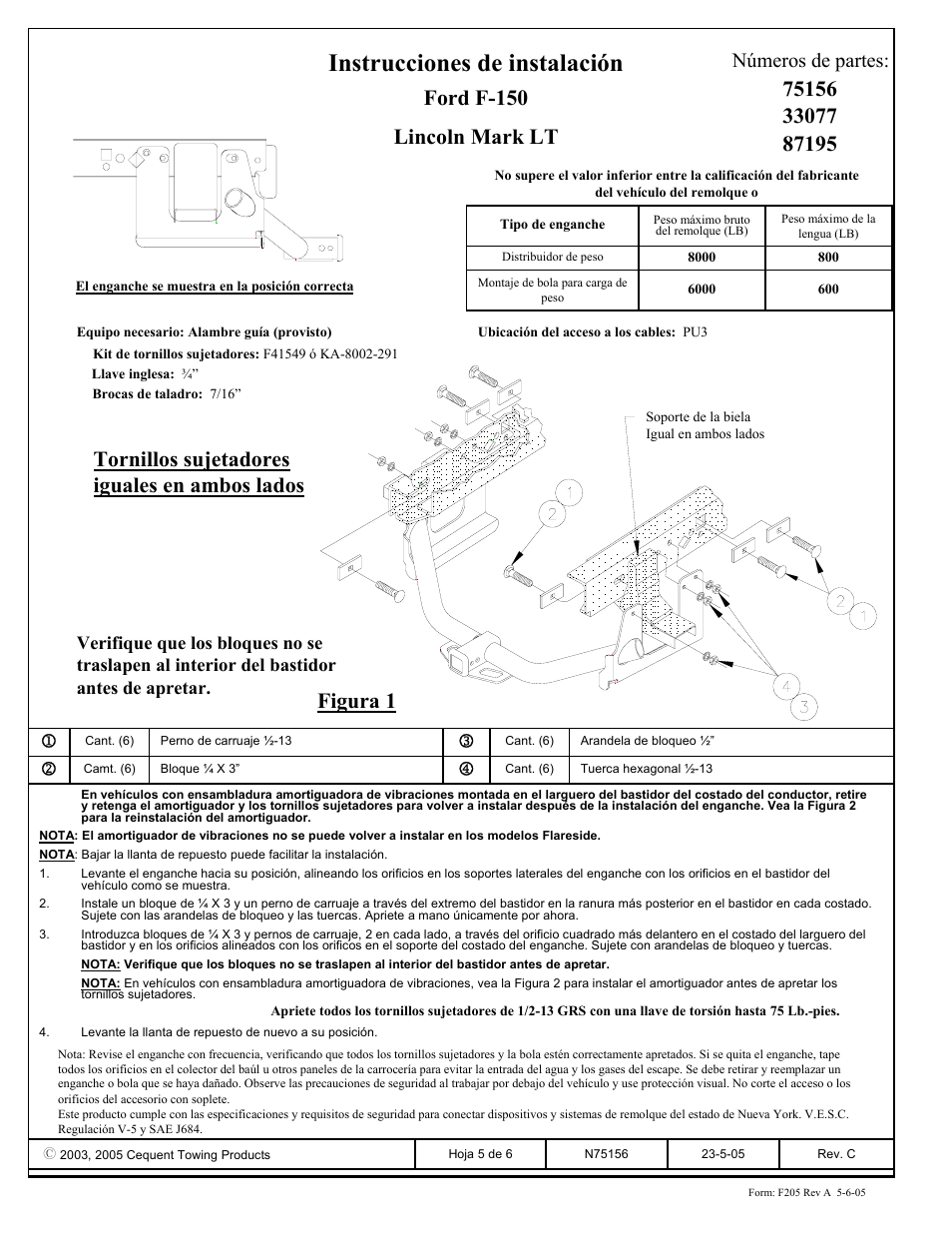 Instrucciones de instalación, Ford f-150 lincoln mark lt, Números de partes | Draw-Tite 75156 MAX-FRAME RECEIVER User Manual | Page 5 / 6