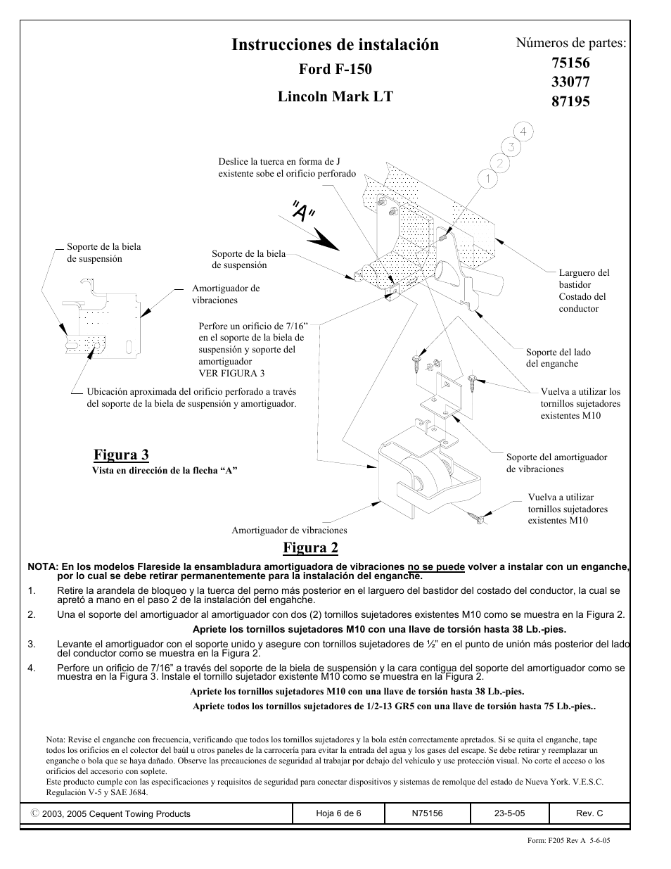 Instrucciones de instalación, Ford f-150 lincoln mark lt, Figura 2 figura 3 | Números de partes | Draw-Tite 75156 MAX-FRAME RECEIVER User Manual | Page 6 / 6
