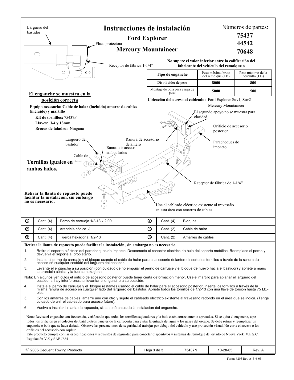 Instrucciones de instalación, Ford explorer mercury mountaineer, Números de partes | Tornillos iguales en ambos lados | Draw-Tite 75437 MAX-FRAME RECEIVER User Manual | Page 3 / 3