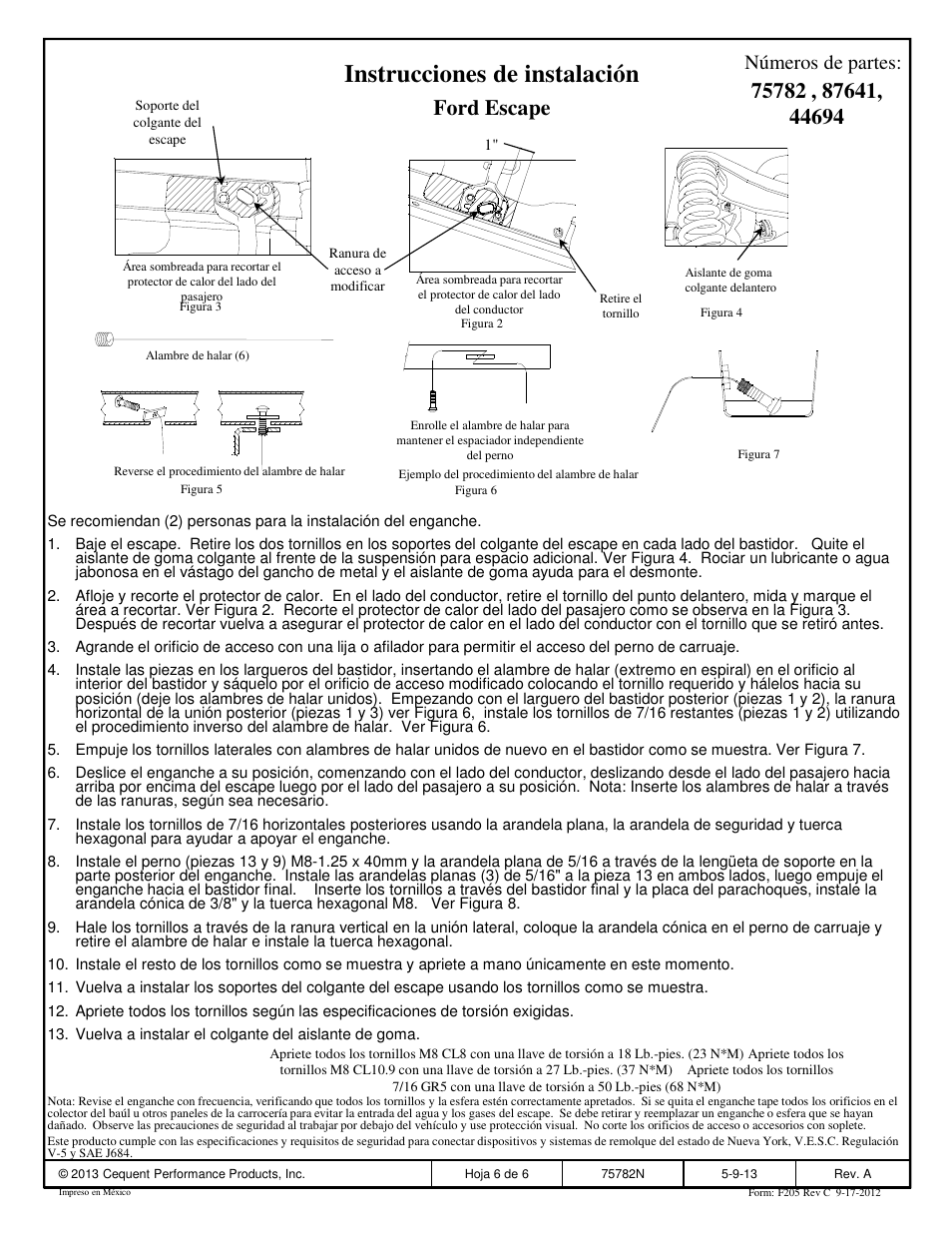 Instrucciones de instalación, Ford escape, Números de partes | Draw-Tite 75782 MAX-FRAME RECEIVER User Manual | Page 6 / 6