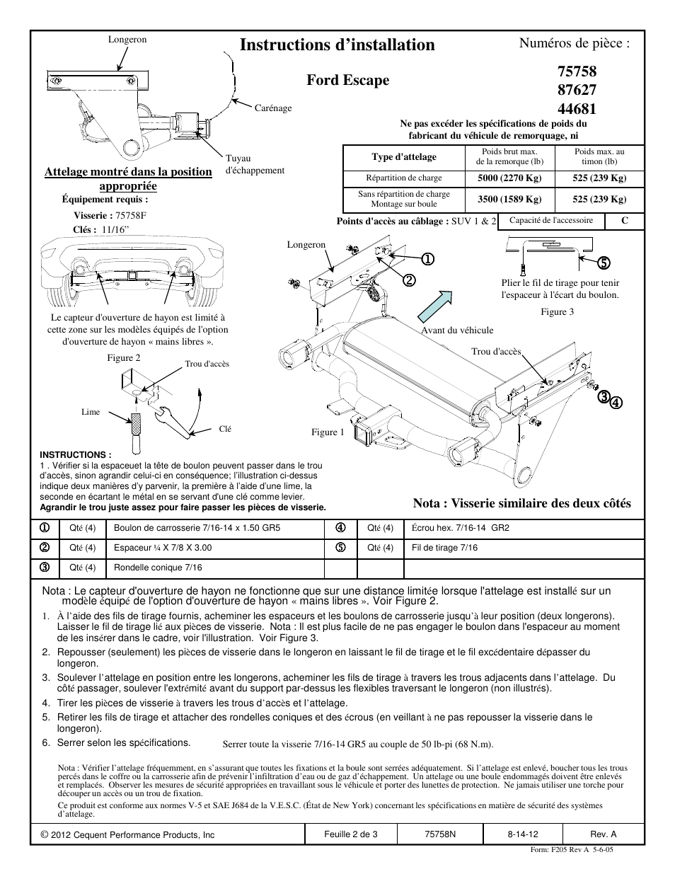 Instructions d’installation, Ford escape, Numéros de pièce | Draw-Tite 75758 MAX-FRAME RECEIVER User Manual | Page 2 / 3