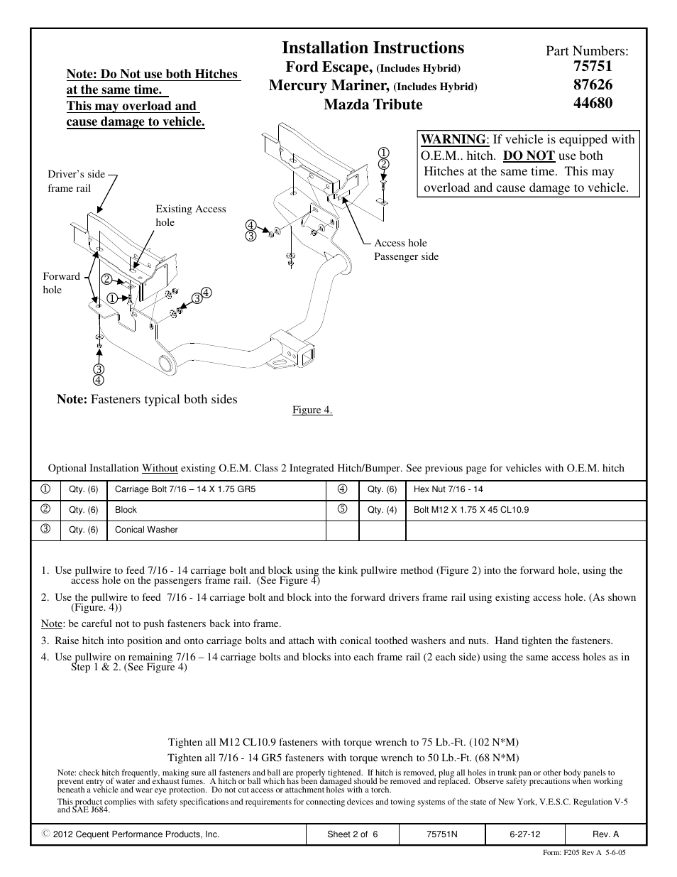 Installation instructions, Ford escape, Mercury mariner | Mazda tribute, Part numbers | Draw-Tite 75751 MAX-FRAME RECEIVER User Manual | Page 2 / 6