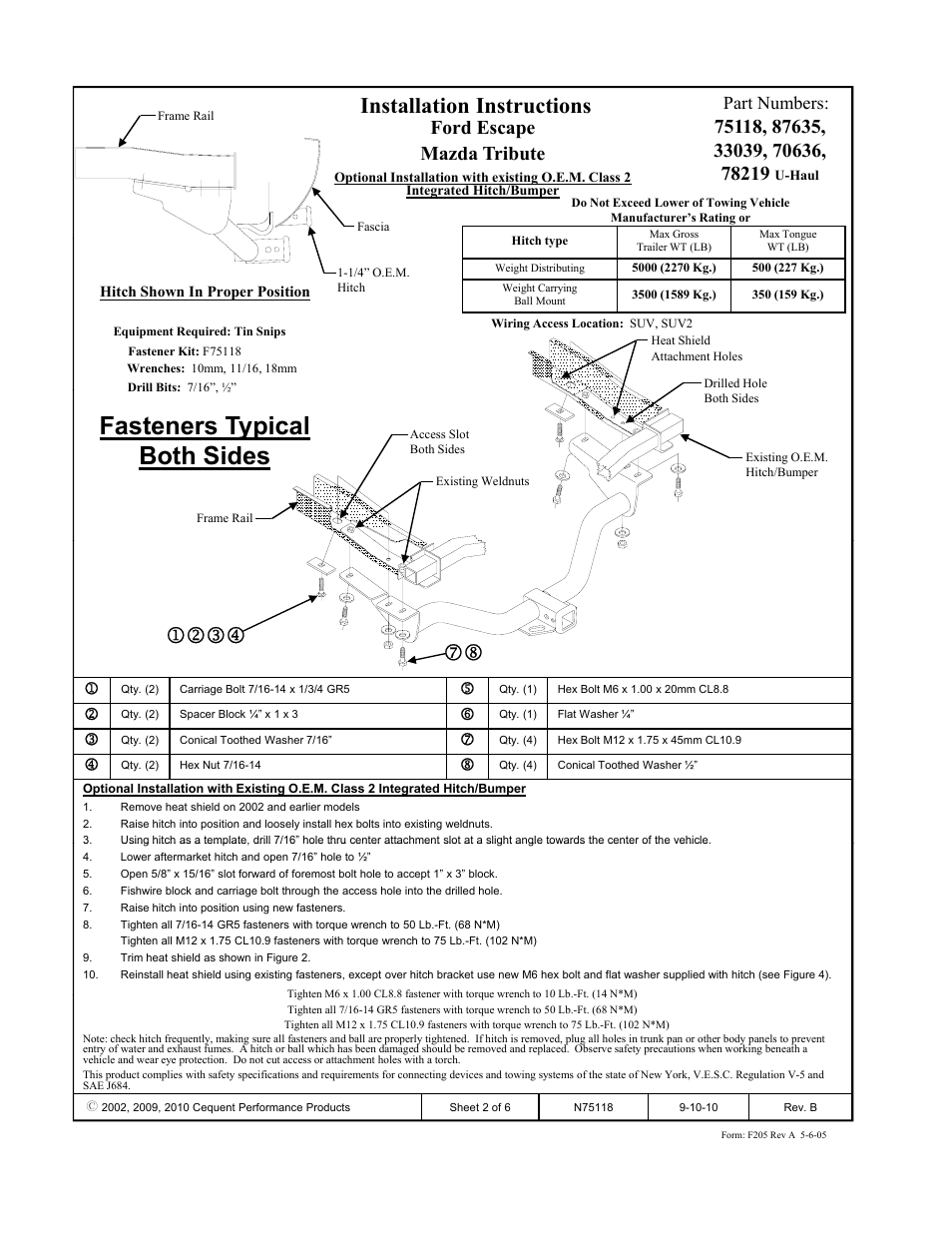 Fasteners typical both sides, Installation instructions, Ford escape mazda tribute | Part numbers | Draw-Tite 75118 MAX-FRAME RECEIVER User Manual | Page 2 / 6