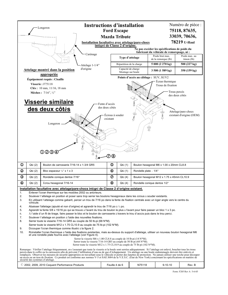 Visserie similaire des deux côtés, Instructions d’installation, Ford escape mazda tribute | Numéro de pièce | Draw-Tite 75118 MAX-FRAME RECEIVER User Manual | Page 4 / 6