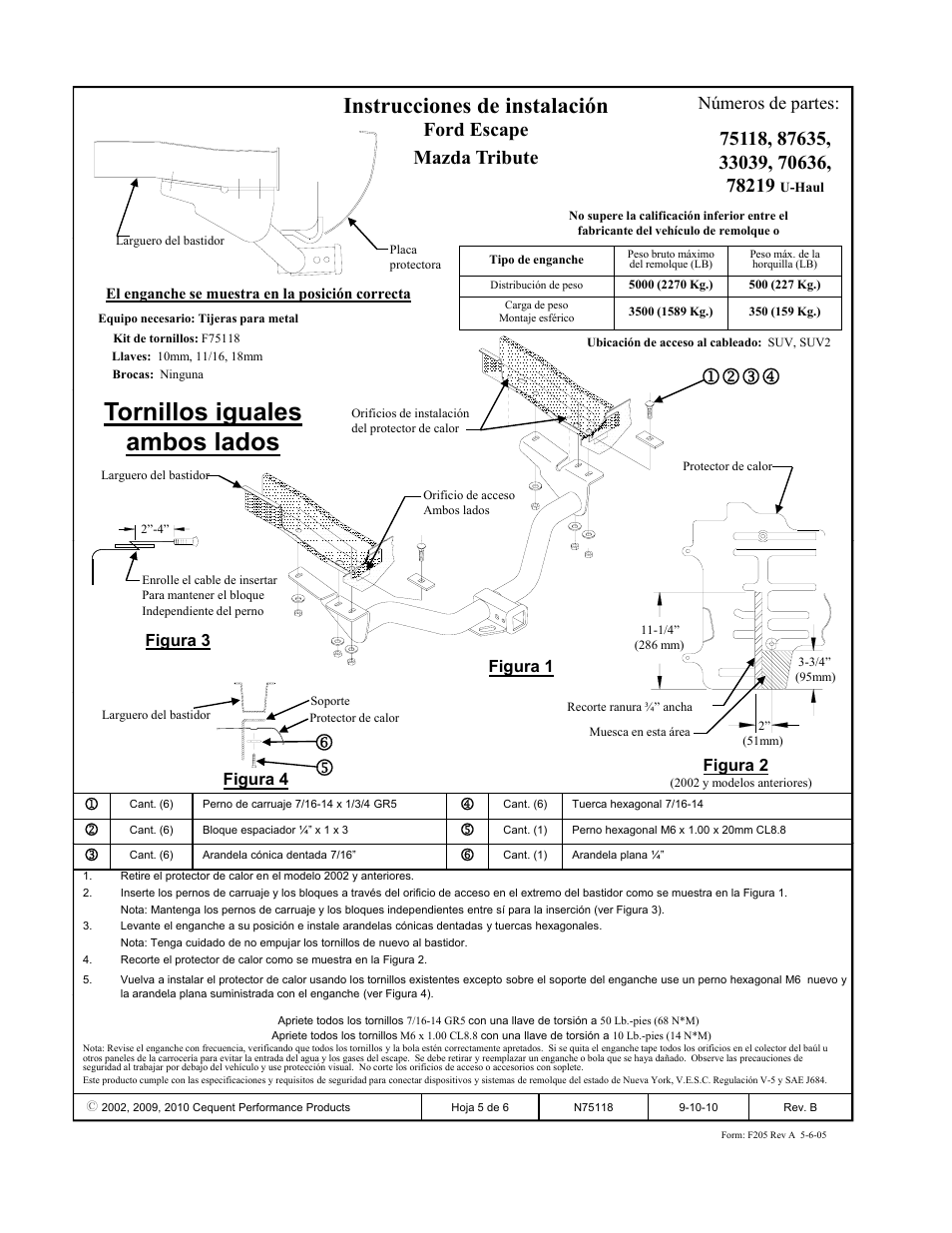 Tornillos iguales ambos lados, Instrucciones de instalación, Ford escape mazda tribute | Números de partes | Draw-Tite 75118 MAX-FRAME RECEIVER User Manual | Page 5 / 6