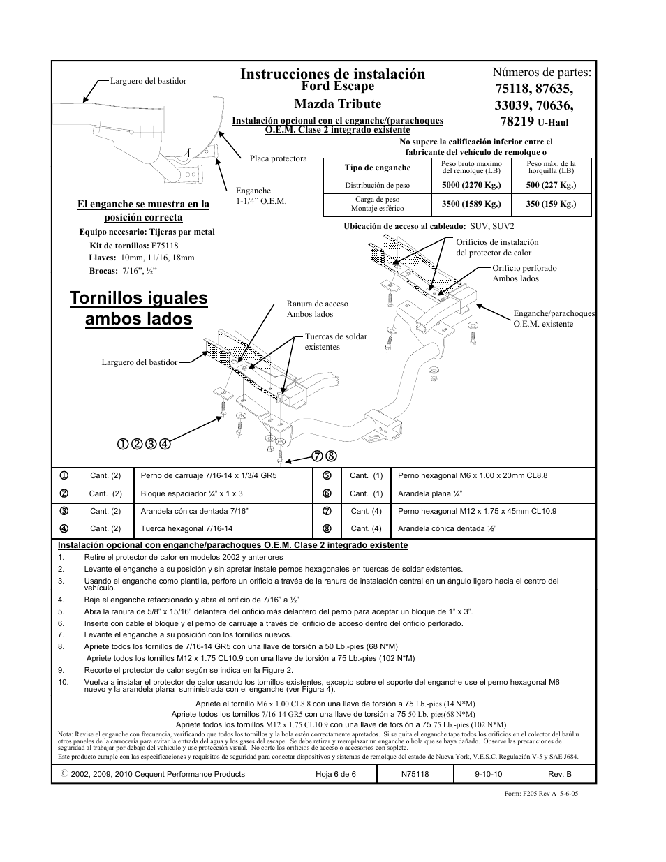 Tornillos iguales ambos lados, Instrucciones de instalación, Ford escape mazda tribute | Números de partes | Draw-Tite 75118 MAX-FRAME RECEIVER User Manual | Page 6 / 6