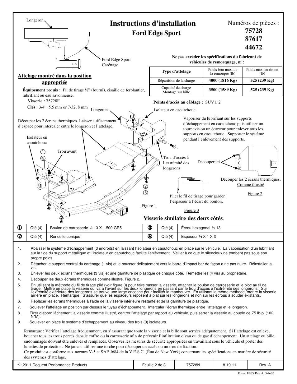Instructions d’installation, Ford edge sport, Numéros de pièces | Draw-Tite 75728 MAX-FRAME RECEIVER User Manual | Page 2 / 3