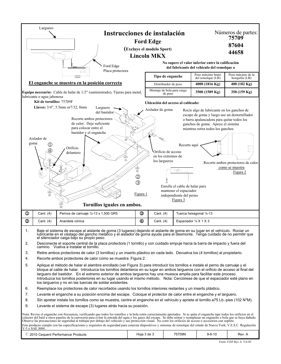 Instrucciones de instalación, Lincoln mkx, Números de partes | Tornillos iguales en ambos | Draw-Tite 75709 MAX-FRAME RECEIVER User Manual | Page 3 / 3