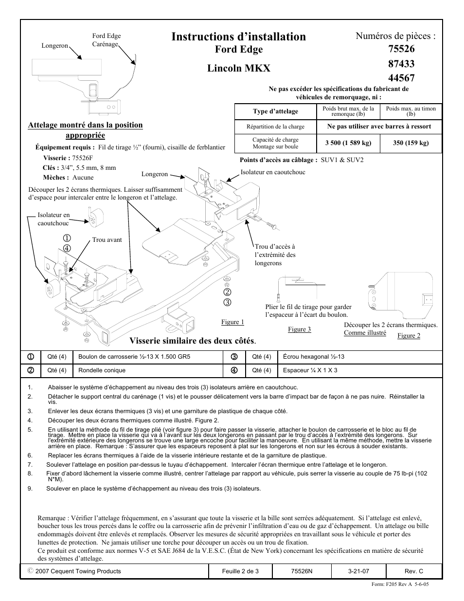 Instructions d’installation, Ford edge lincoln mkx, Numéros de pièces | Visserie similaire des deux côtés | Draw-Tite 75526 MAX-FRAME RECEIVER User Manual | Page 2 / 3