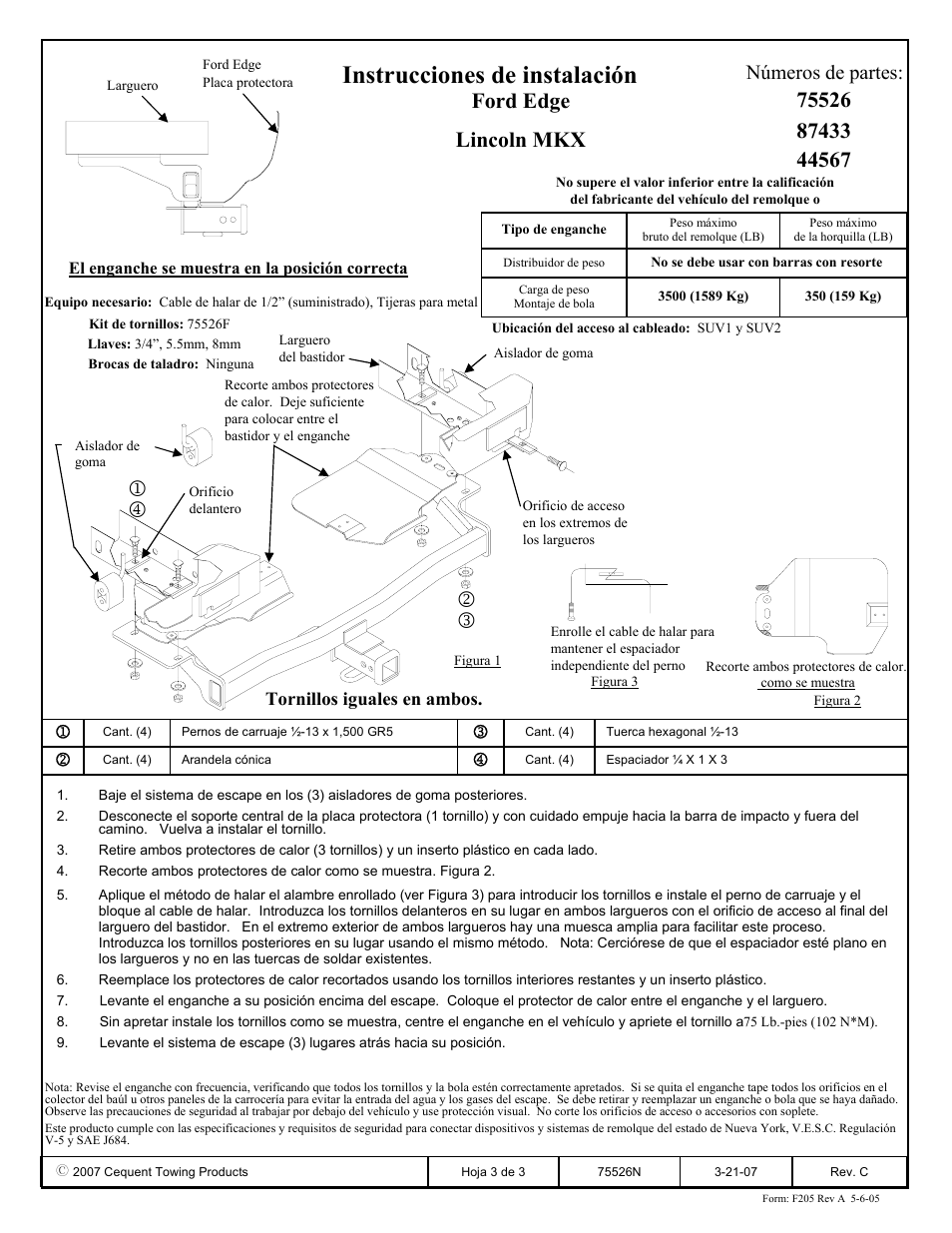 Instrucciones de instalación, Ford edge lincoln mkx, Números de partes | Tornillos iguales en ambos | Draw-Tite 75526 MAX-FRAME RECEIVER User Manual | Page 3 / 3