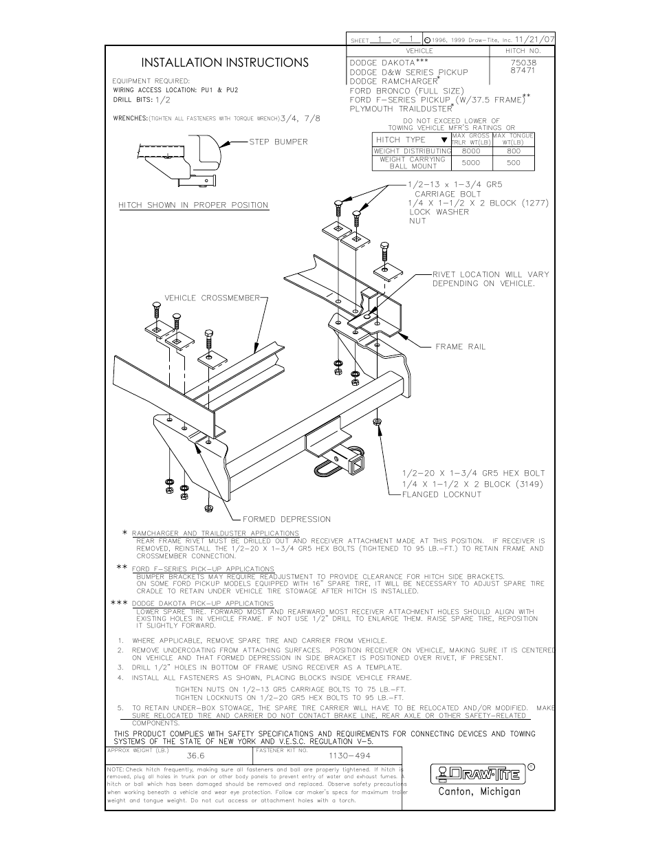 Draw-Tite 75038 MAX-FRAME RECEIVER User Manual | 1 page