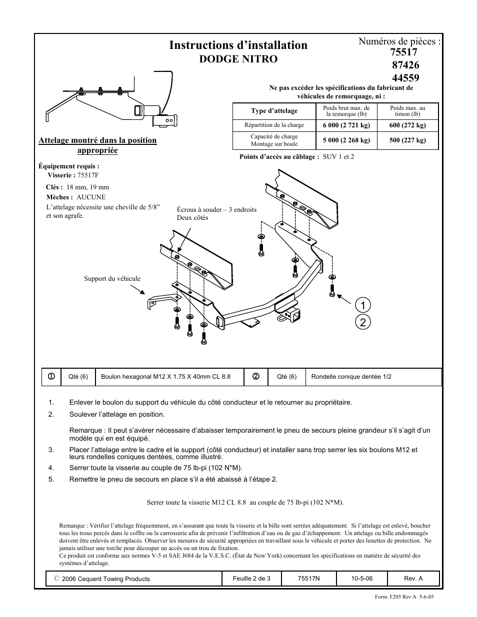 Instructions d’installation, Dodge nitro, Numéros de pièces | Draw-Tite 75517 MAX-FRAME RECEIVER User Manual | Page 2 / 3