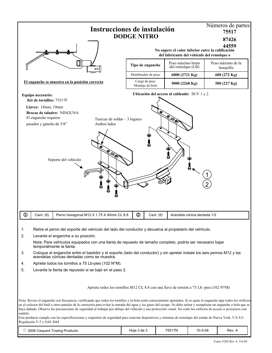 Instrucciones de instalación, Dodge nitro, Números de partes | Draw-Tite 75517 MAX-FRAME RECEIVER User Manual | Page 3 / 3