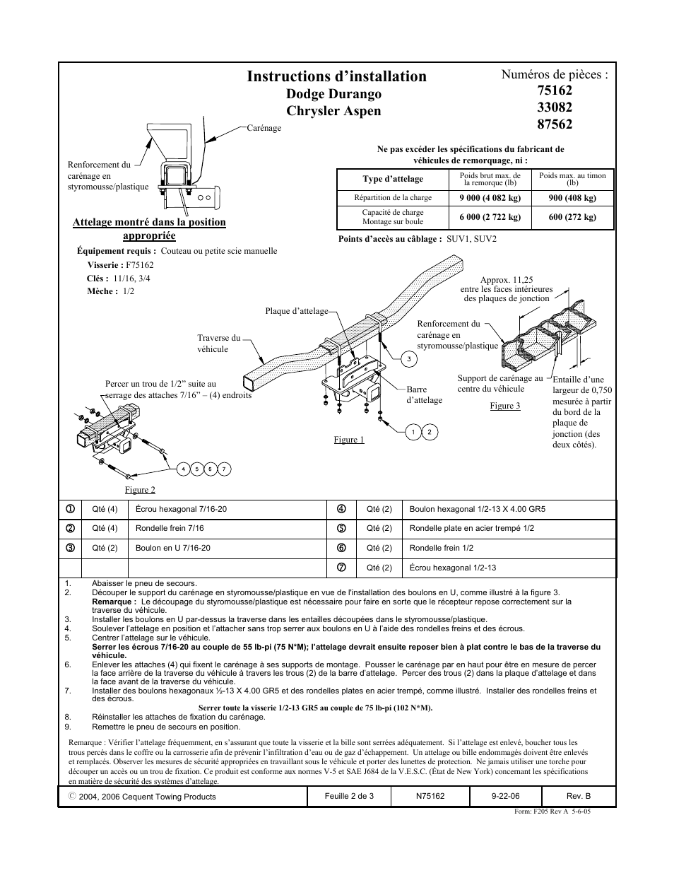 Instructions d’installation, Dodge durango chrysler aspen, Numéros de pièces | Draw-Tite 75162 MAX-FRAME RECEIVER User Manual | Page 2 / 3
