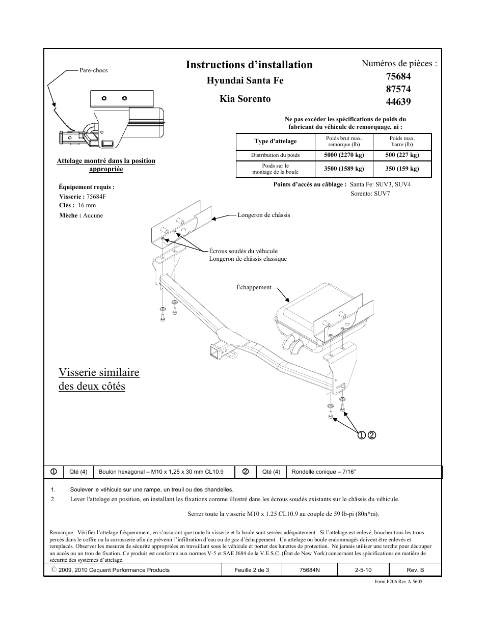 Instructions d’installation, 12 visserie similaire des deux côtés, Numéros de pièces | Draw-Tite 75684 MAX-FRAME RECEIVER User Manual | Page 2 / 3