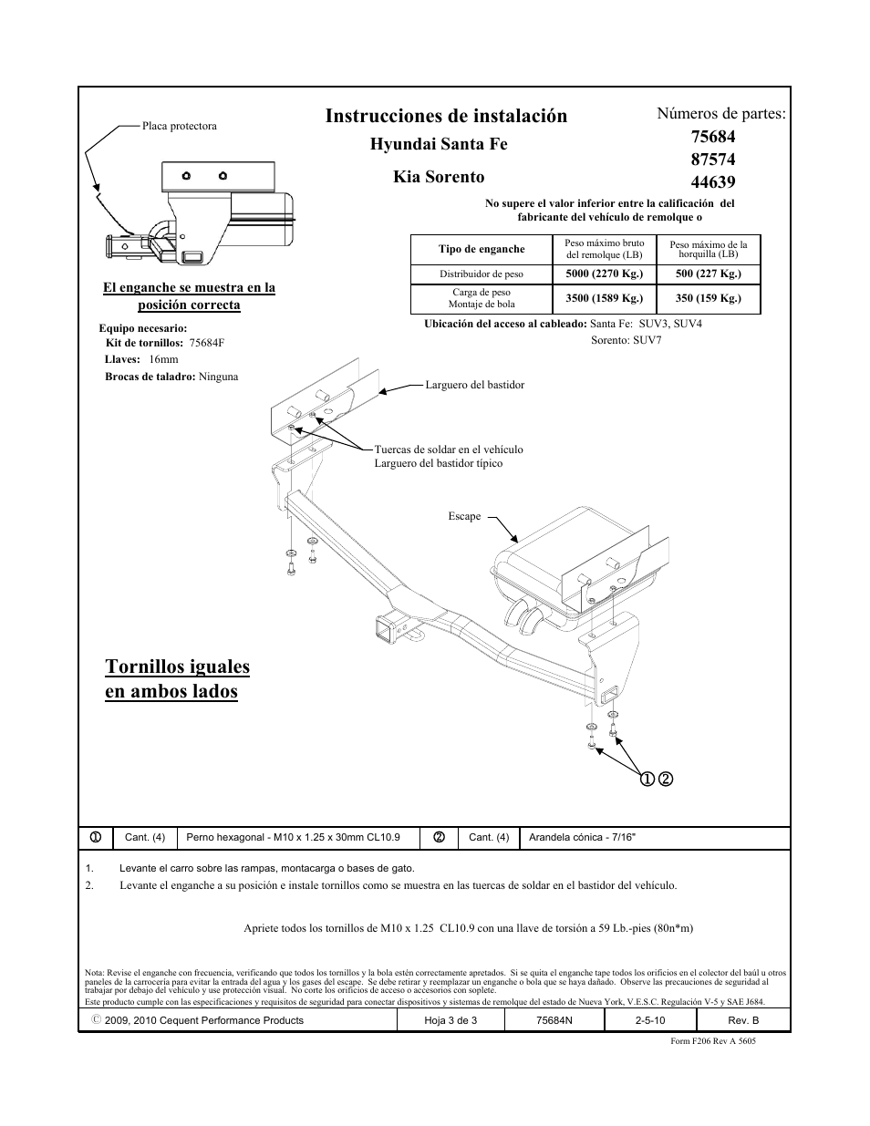 Instrucciones de instalación, 12 tornillos iguales en ambos lados, Números de partes | Draw-Tite 75684 MAX-FRAME RECEIVER User Manual | Page 3 / 3