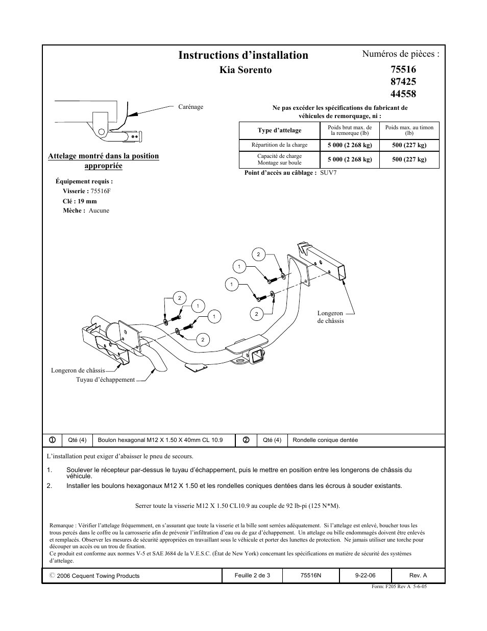 Instructions d’installation, Kia sorento, Numéros de pièces | Draw-Tite 75516 MAX-FRAME RECEIVER User Manual | Page 2 / 3