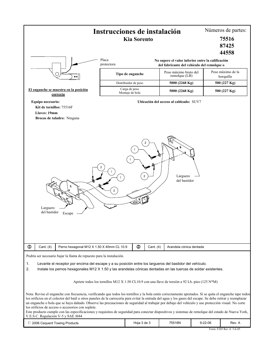 Instrucciones de instalación, Kia sorento, Números de partes | Draw-Tite 75516 MAX-FRAME RECEIVER User Manual | Page 3 / 3