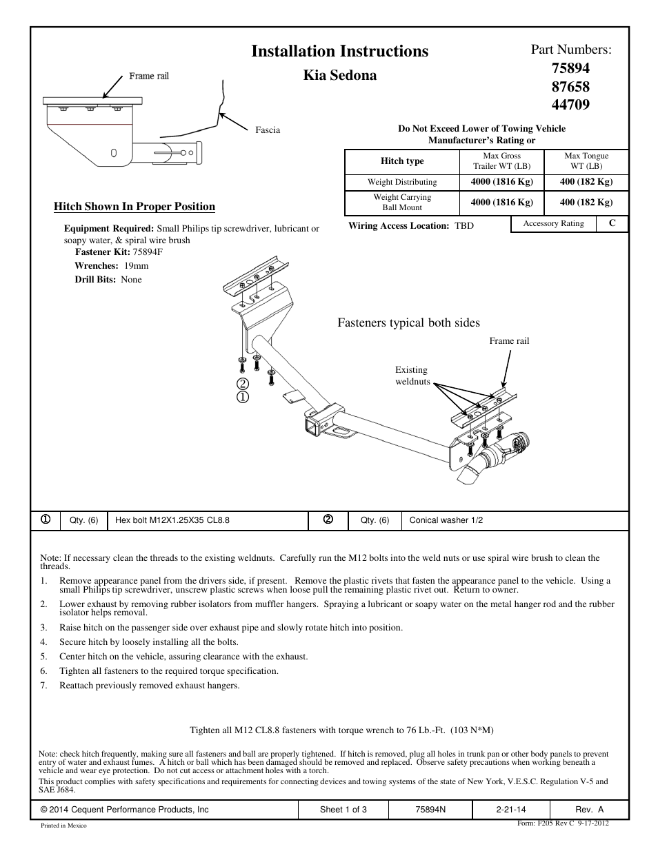 Draw-Tite 75894 MAX-FRAME RECEIVER User Manual | 3 pages