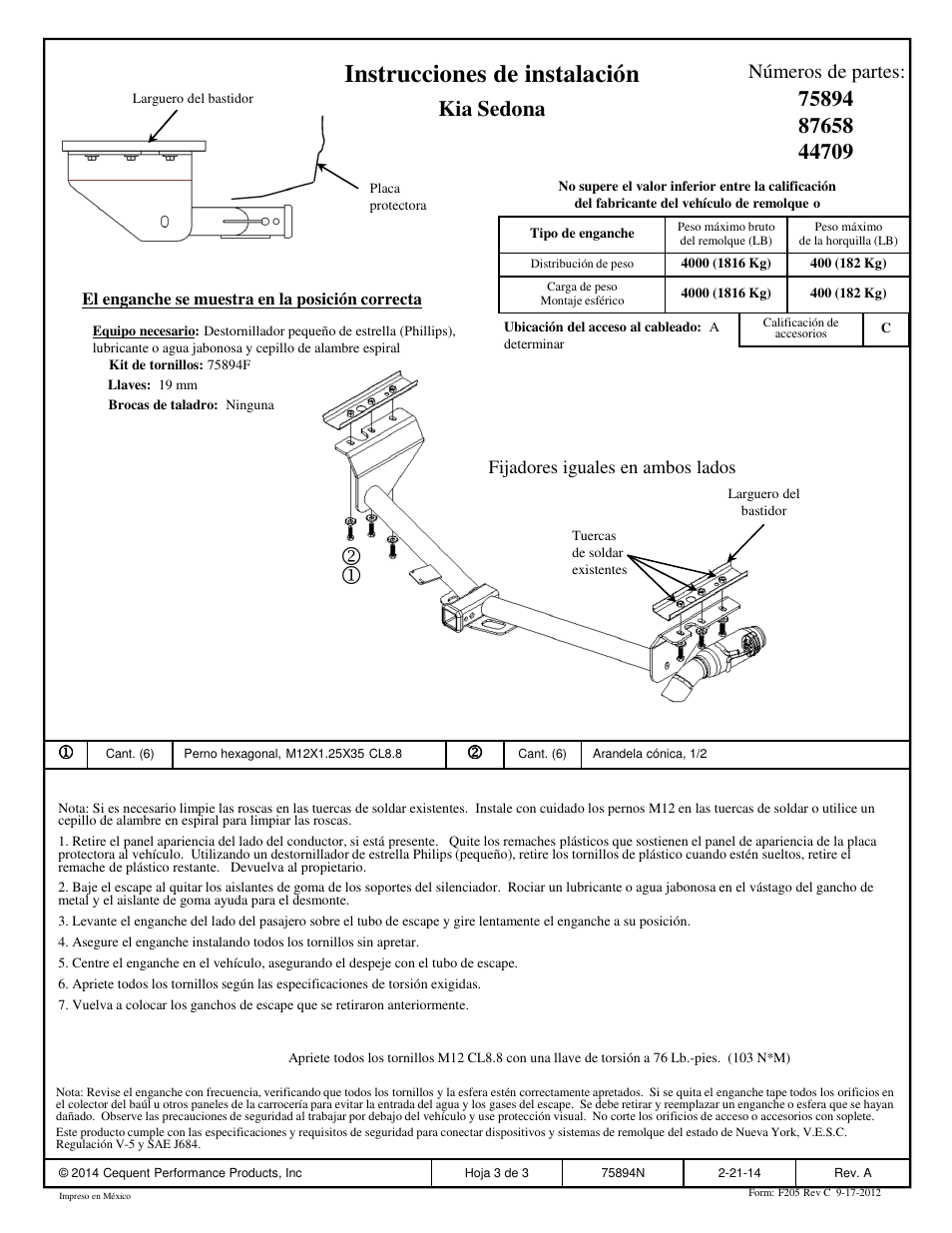 Instrucciones de instalación, Kia sedona, Números de partes | Draw-Tite 75894 MAX-FRAME RECEIVER User Manual | Page 3 / 3