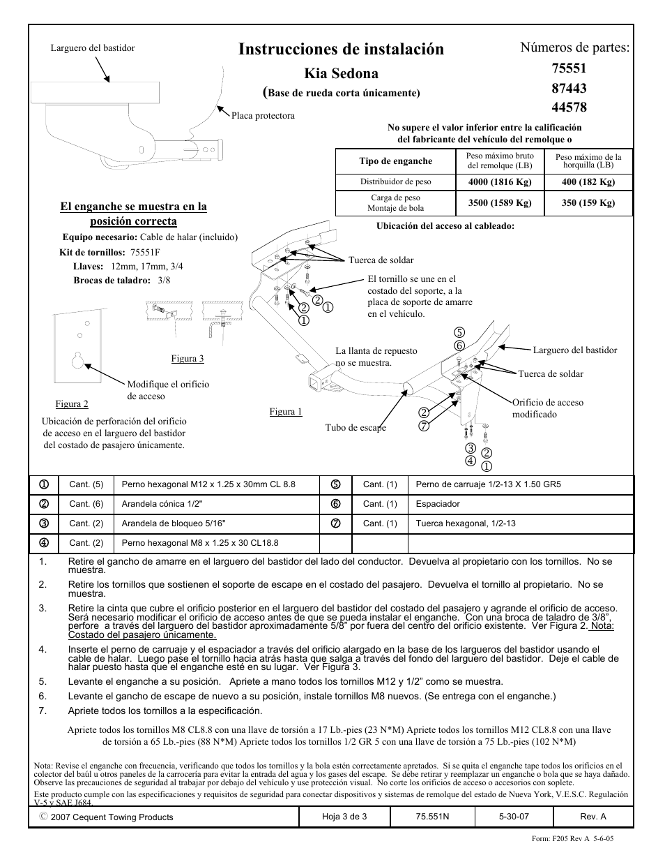 Instrucciones de instalación, Kia sedona, Números de partes | Draw-Tite 75551 MAX-FRAME RECEIVER User Manual | Page 3 / 3