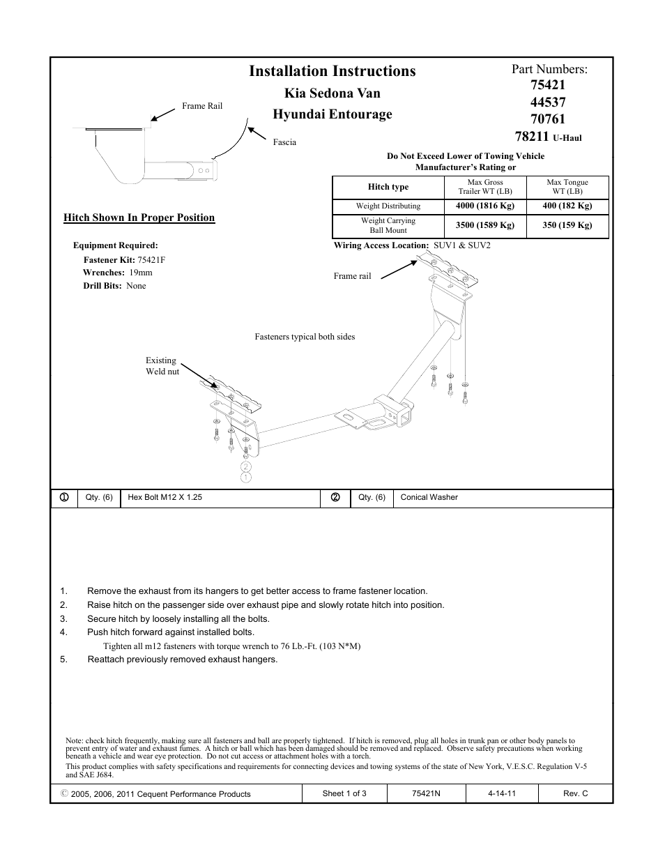 Draw-Tite 75421 MAX-FRAME RECEIVER User Manual | 3 pages