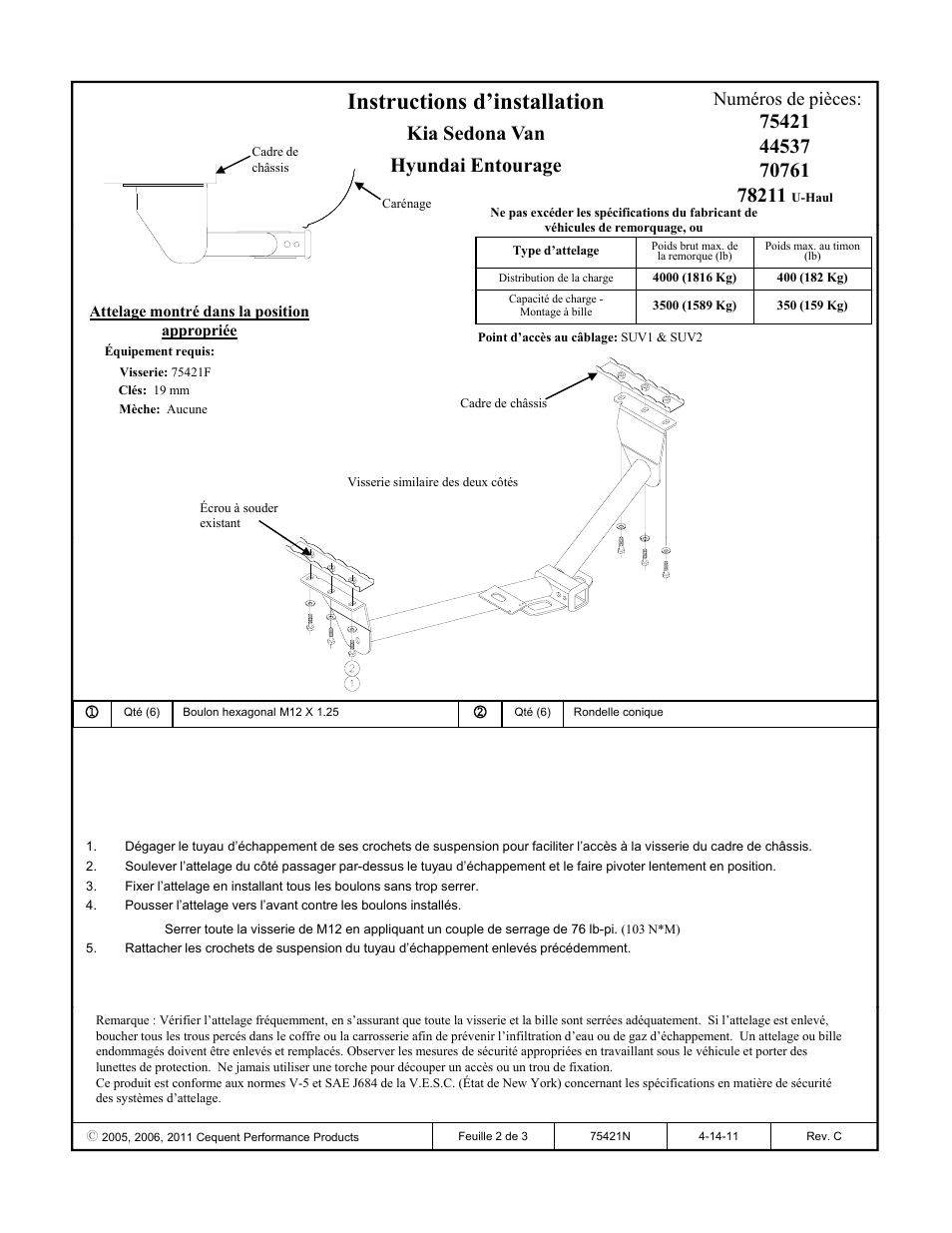 Instructions d’installation, Kia sedona van hyundai entourage, Numéros de pièces | Draw-Tite 75421 MAX-FRAME RECEIVER User Manual | Page 2 / 3