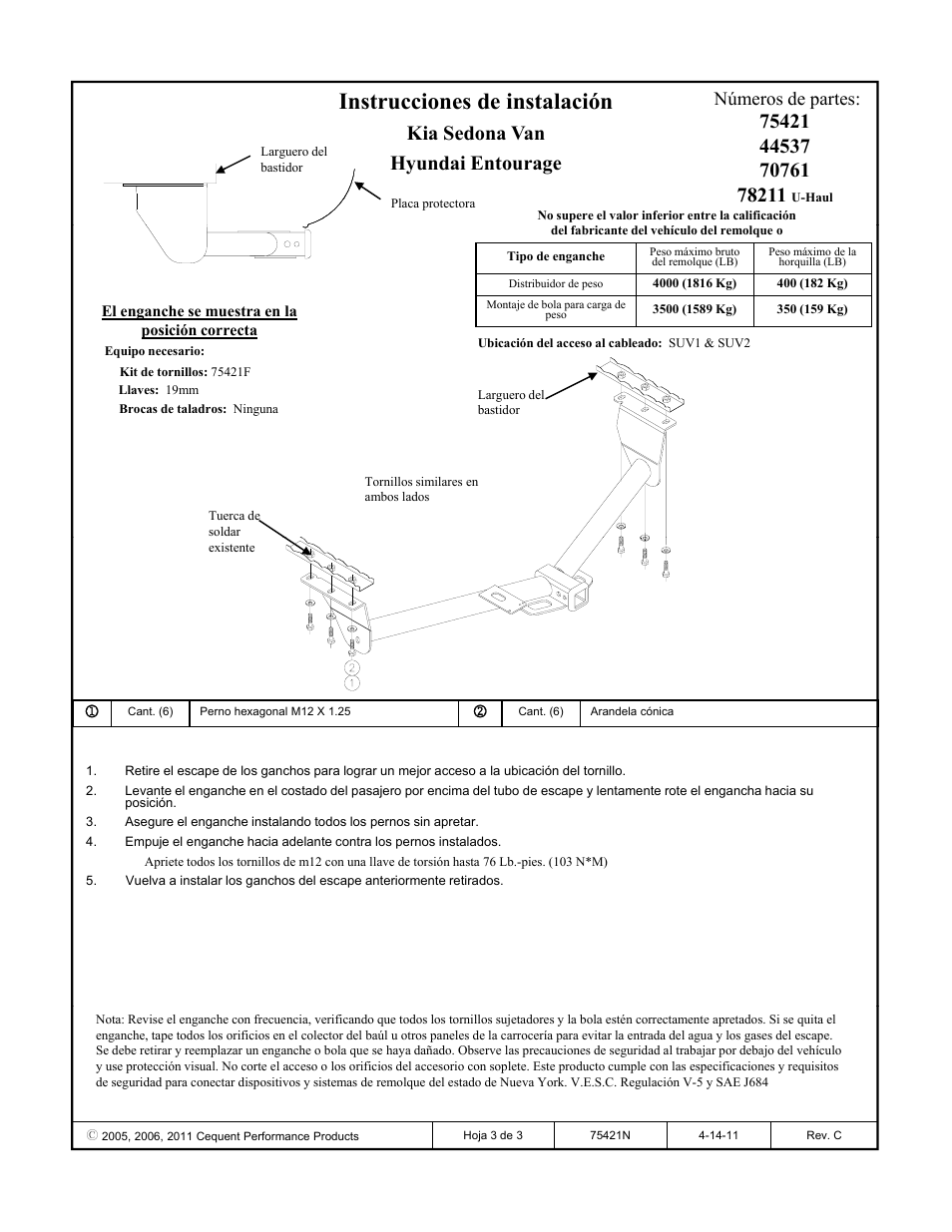 Instrucciones de instalación, Kia sedona van hyundai entourage, Números de partes | Draw-Tite 75421 MAX-FRAME RECEIVER User Manual | Page 3 / 3