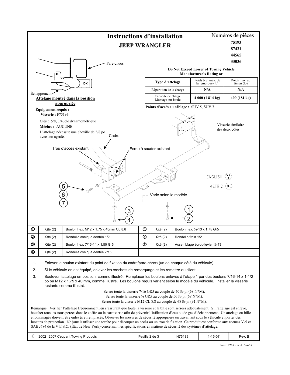 Instructions d’installation, Jeep wrangler, Numéros de pièces | Draw-Tite 75193 MAX-FRAME RECEIVER User Manual | Page 2 / 3