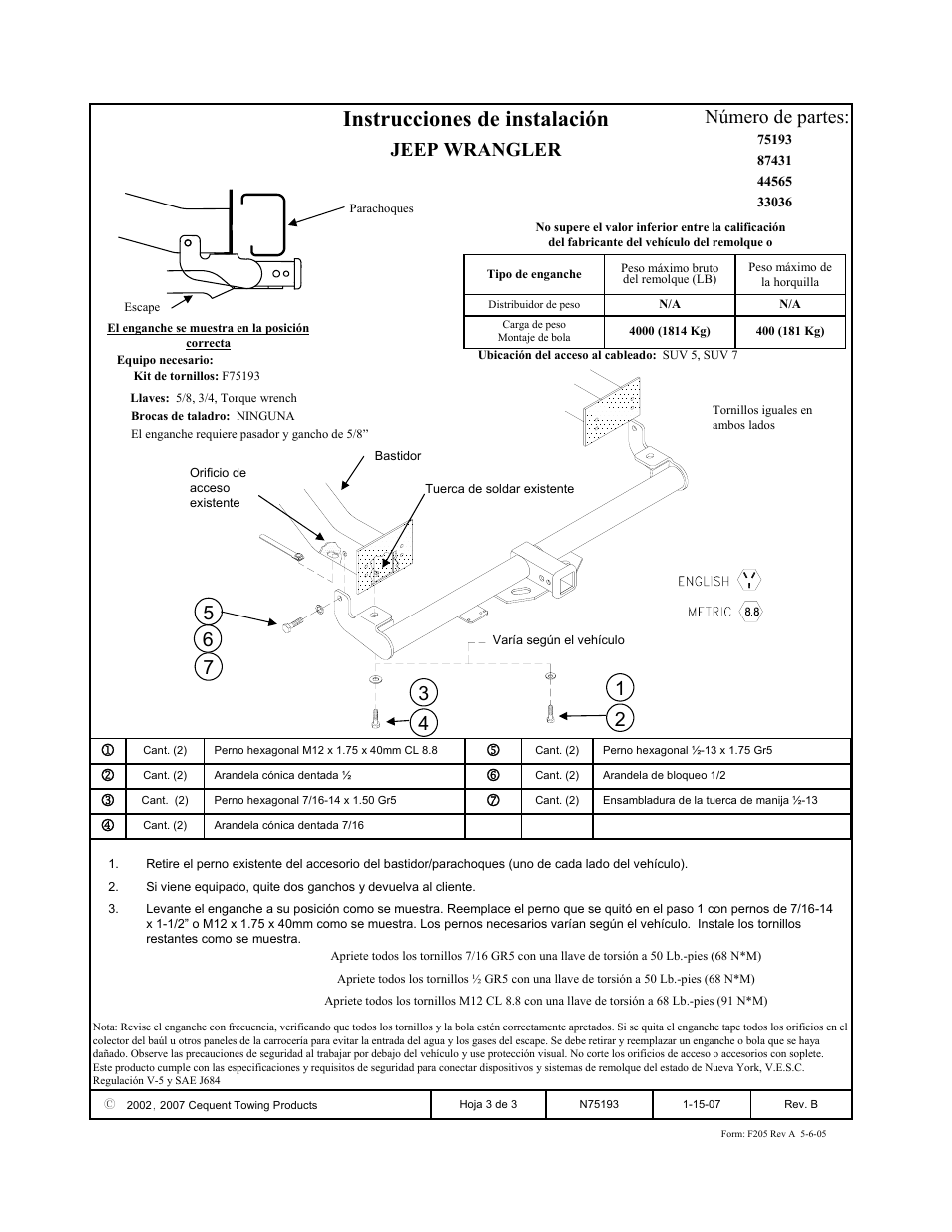 Instrucciones de instalación, Jeep wrangler número de partes | Draw-Tite 75193 MAX-FRAME RECEIVER User Manual | Page 3 / 3