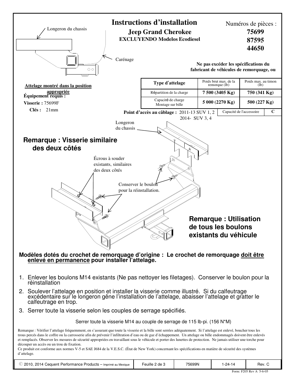 Instructions d’installation, Jeep grand cherokee, Remarque : visserie similaire des deux côtés | Numéros de pièces | Draw-Tite 75699 MAX-FRAME RECEIVER User Manual | Page 2 / 3