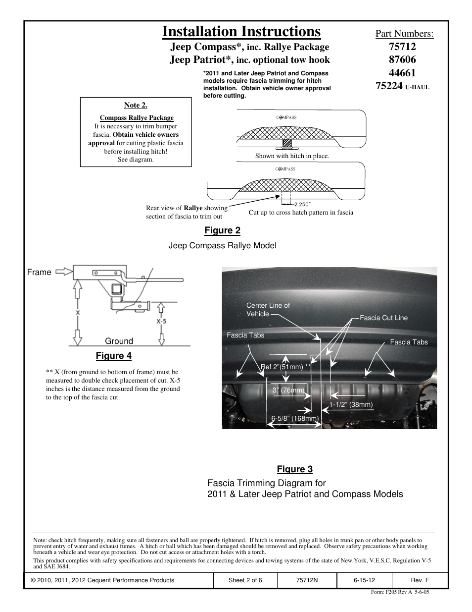 Installation instructions, Jeep compass, Jeep patriot | Rallye package, Optional tow hook part numbers | Draw-Tite 75712 MAX-FRAME RECEIVER User Manual | Page 2 / 6