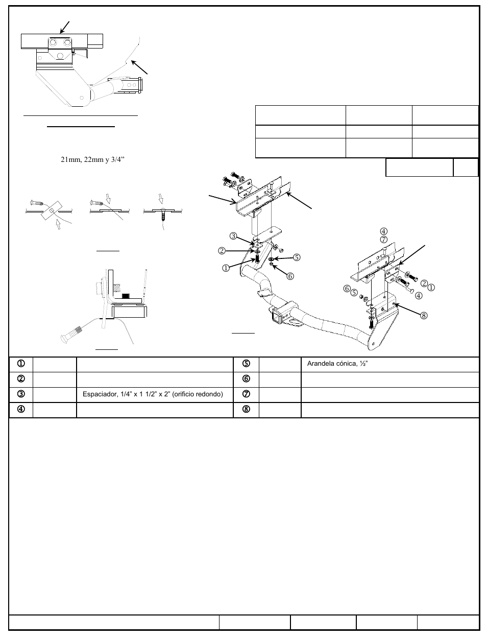 Instrucciones de instalación, Jeep cherokee, Números de partes | El enganche se muestra en la posición correcta | Draw-Tite 75838 MAX-FRAME RECEIVER User Manual | Page 3 / 3