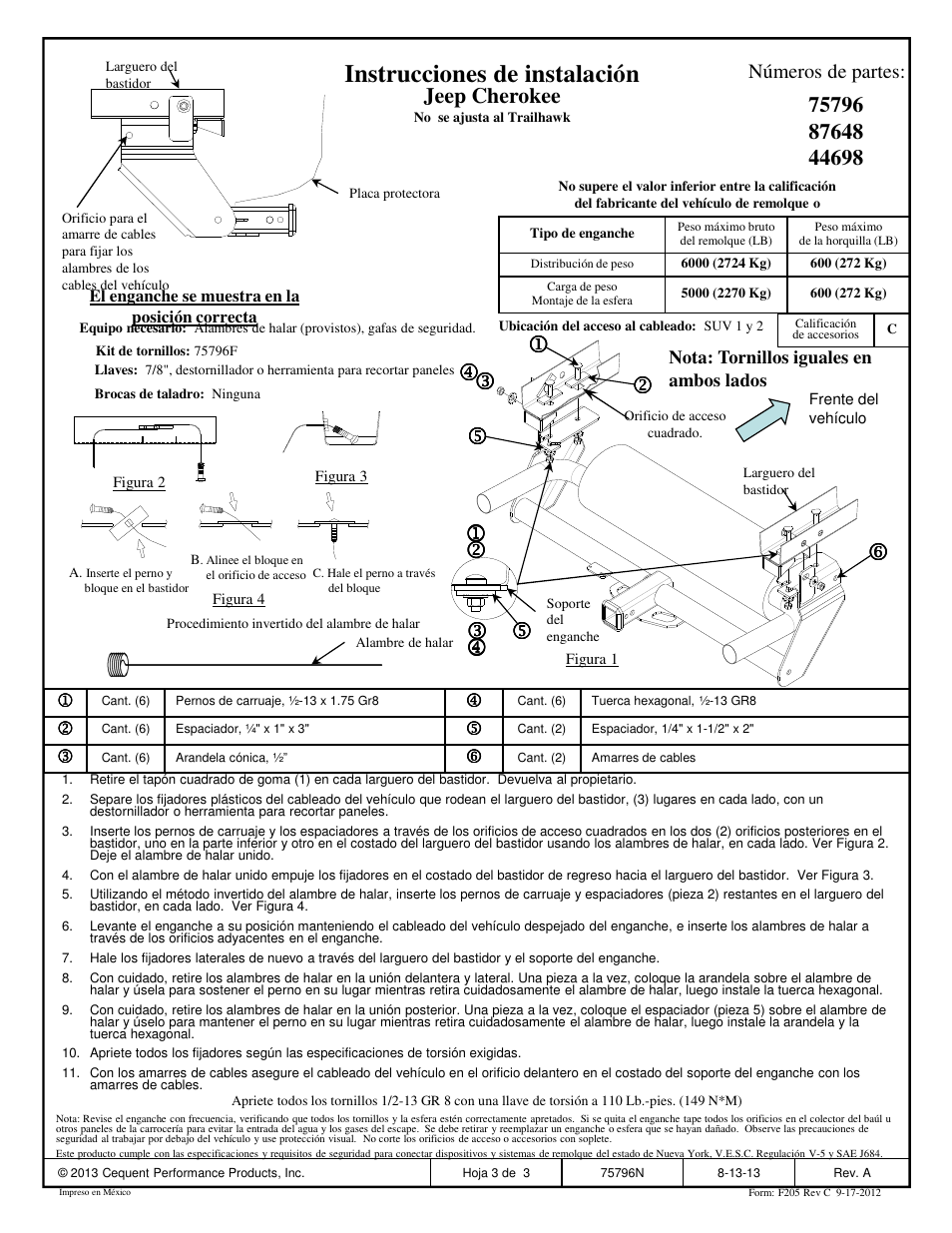 Instrucciones de instalación, Jeep cherokee, Números de partes | Draw-Tite 75796 MAX-FRAME RECEIVER User Manual | Page 3 / 3