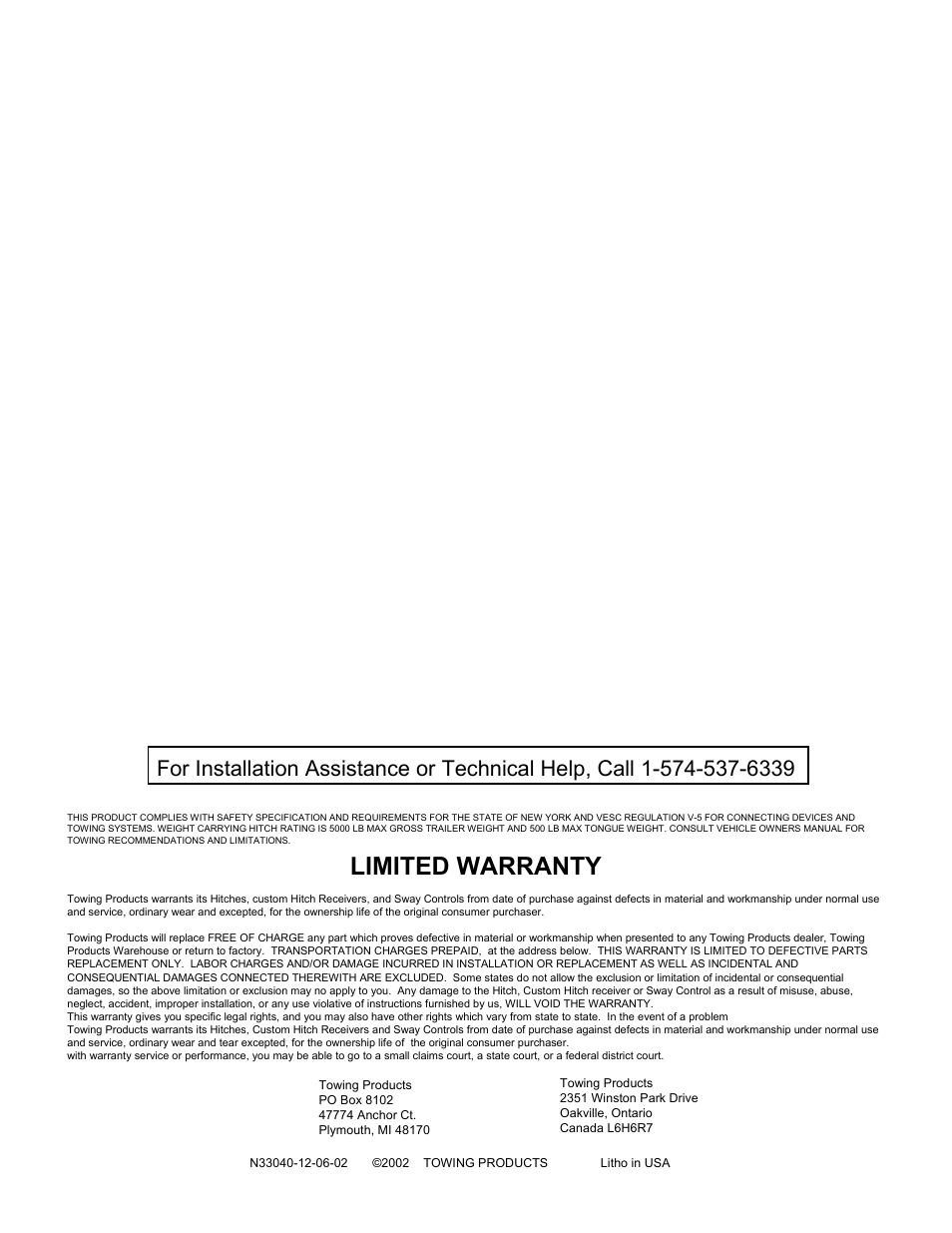 Limited warranty | Draw-Tite 75049 MAX-FRAME RECEIVER User Manual | Page 2 / 2
