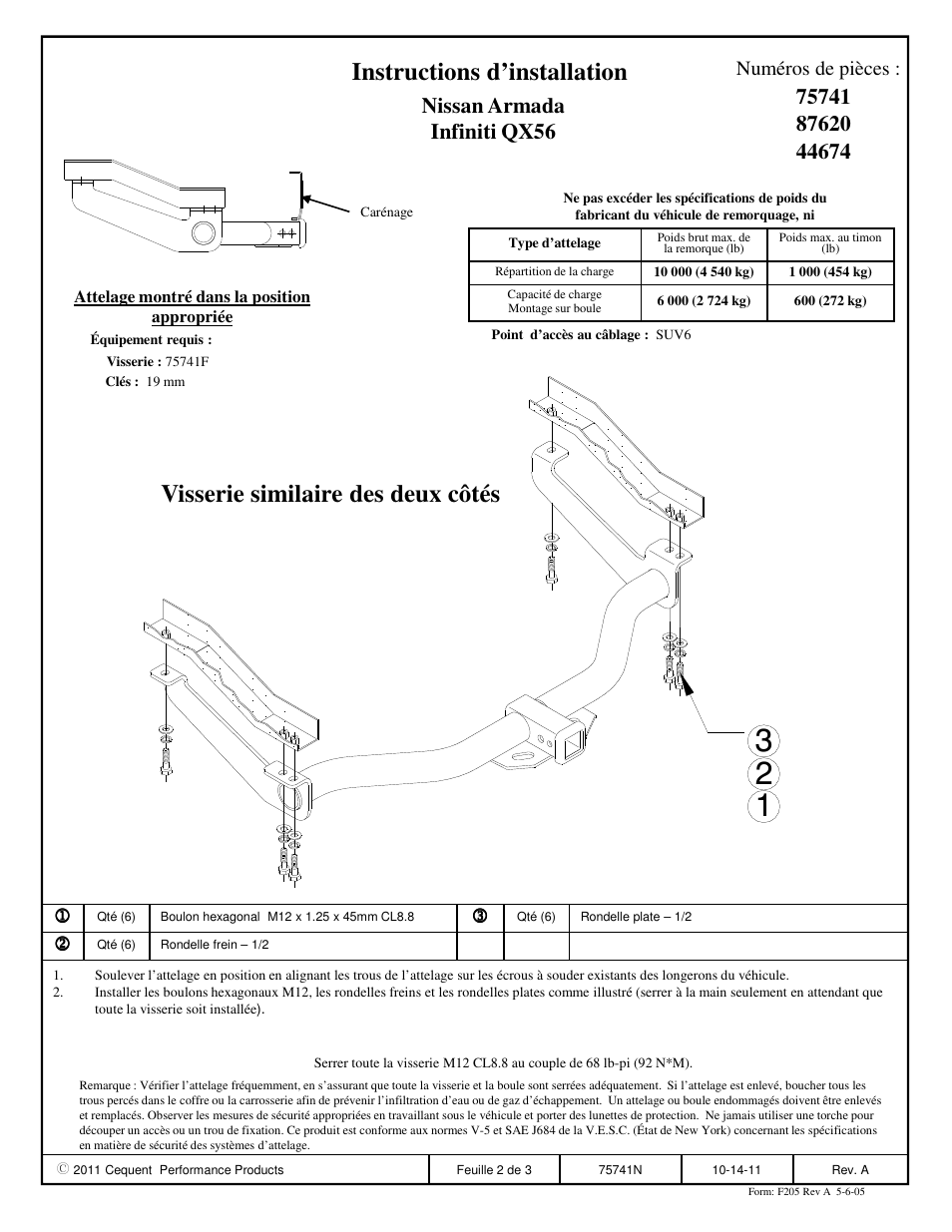 Instructions d’installation, Visserie similaire des deux côtés, Numéros de pièces | Draw-Tite 75741 MAX-FRAME RECEIVER User Manual | Page 2 / 3