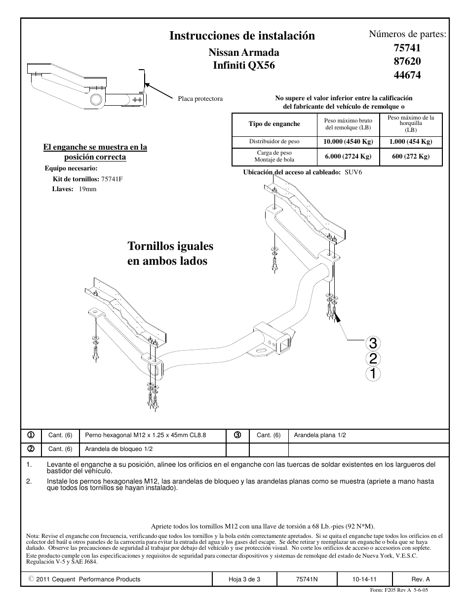 Instrucciones de instalación, Tornillos iguales en ambos lados, Números de partes | Draw-Tite 75741 MAX-FRAME RECEIVER User Manual | Page 3 / 3