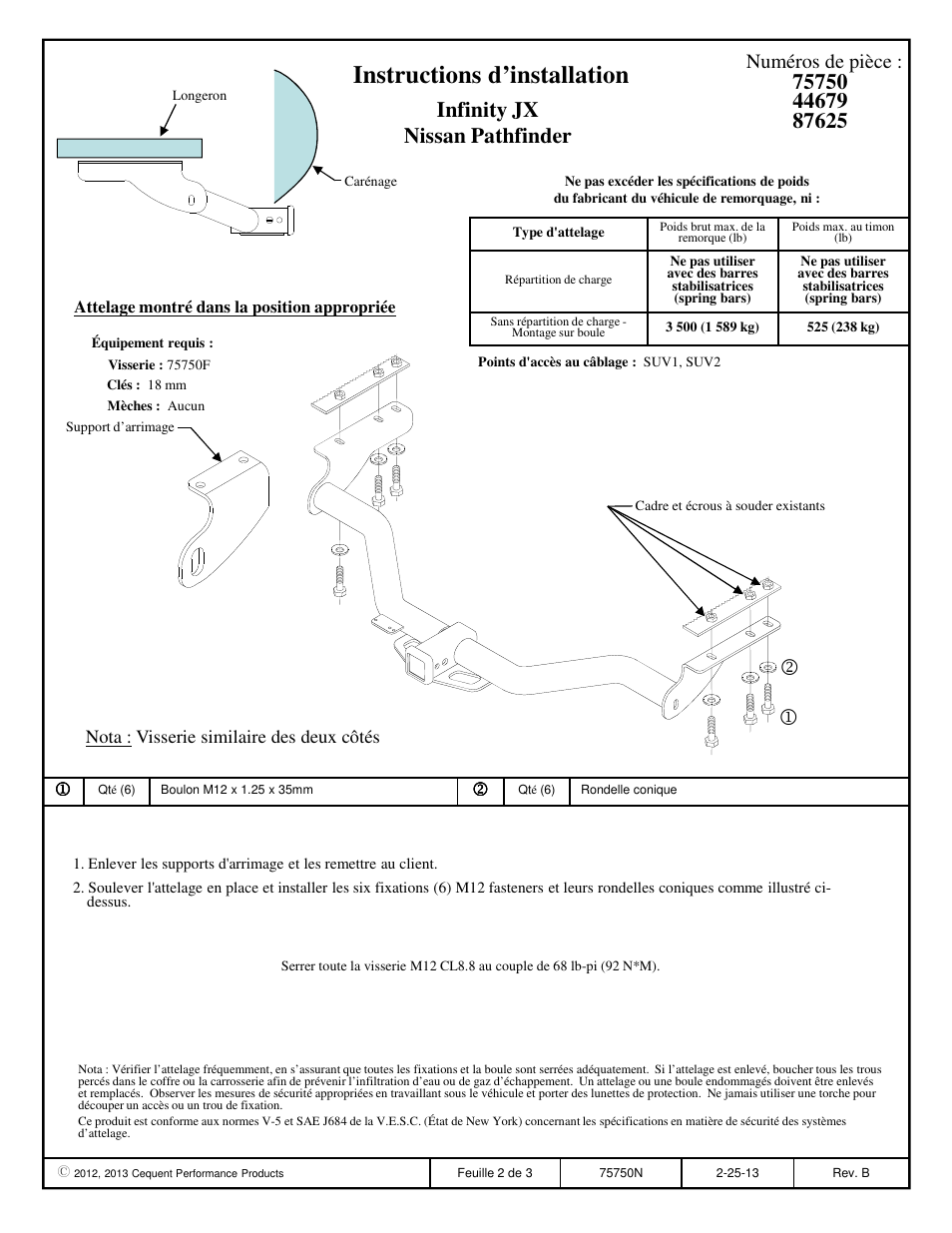 Instructions d’installation, Infinity jx nissan pathfinder, Numéros de pièce | Draw-Tite 75750 MAX-FRAME RECEIVER User Manual | Page 2 / 3