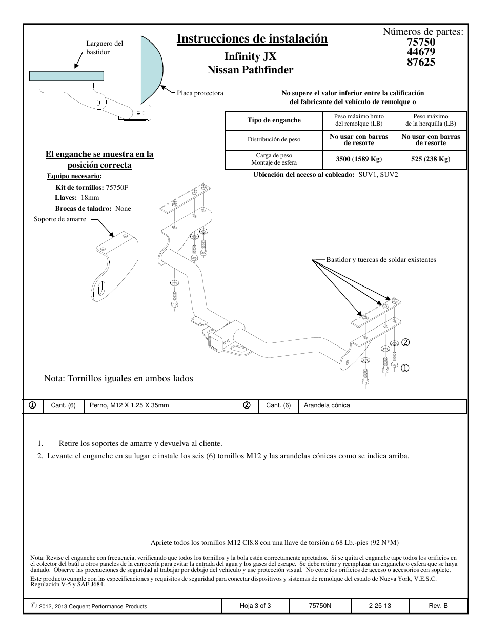 Instrucciones de instalación, Infinity jx nissan pathfinder, Números de partes | Draw-Tite 75750 MAX-FRAME RECEIVER User Manual | Page 3 / 3