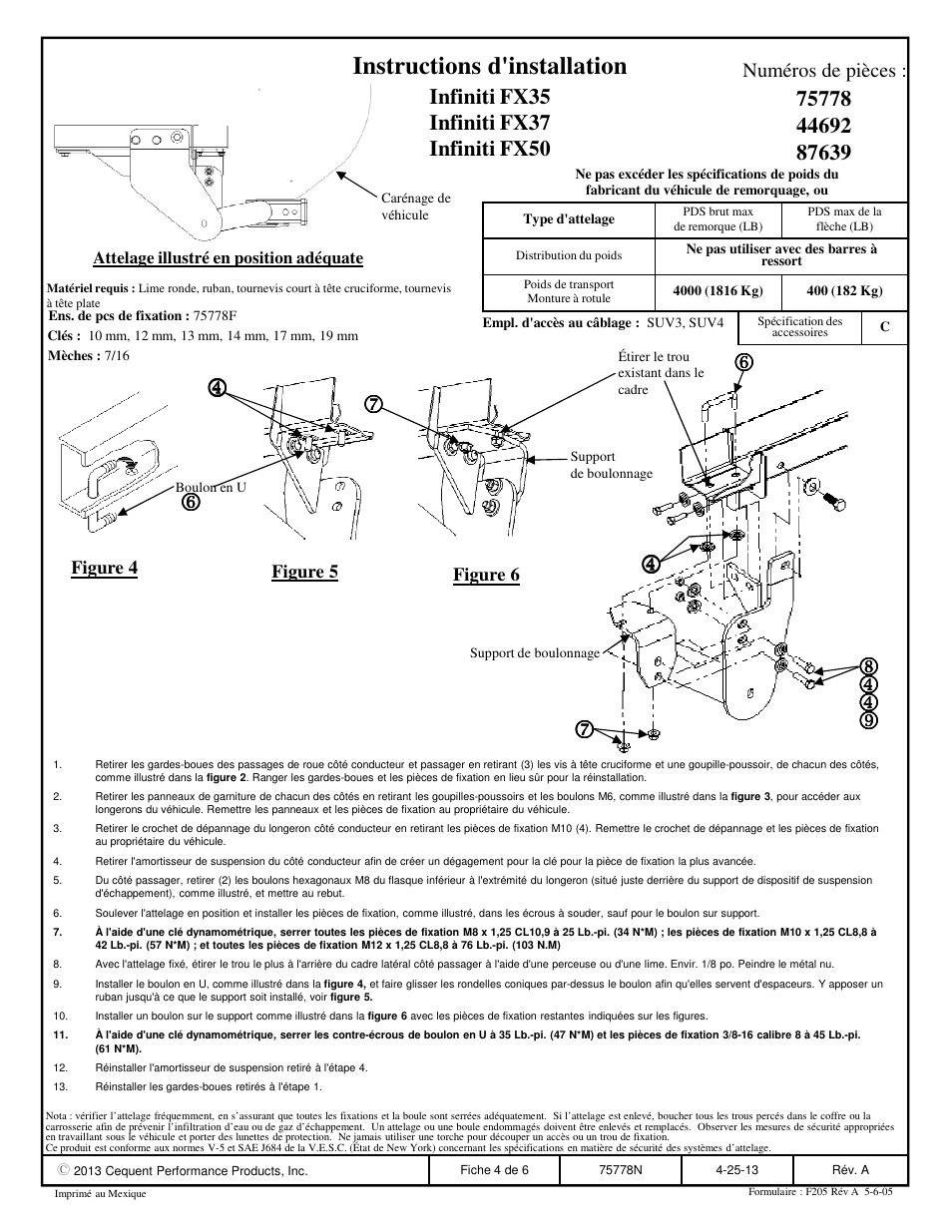 Instructions d'installation, Numéros de pièces | Draw-Tite 75778 MAX-FRAME RECEIVER User Manual | Page 4 / 6