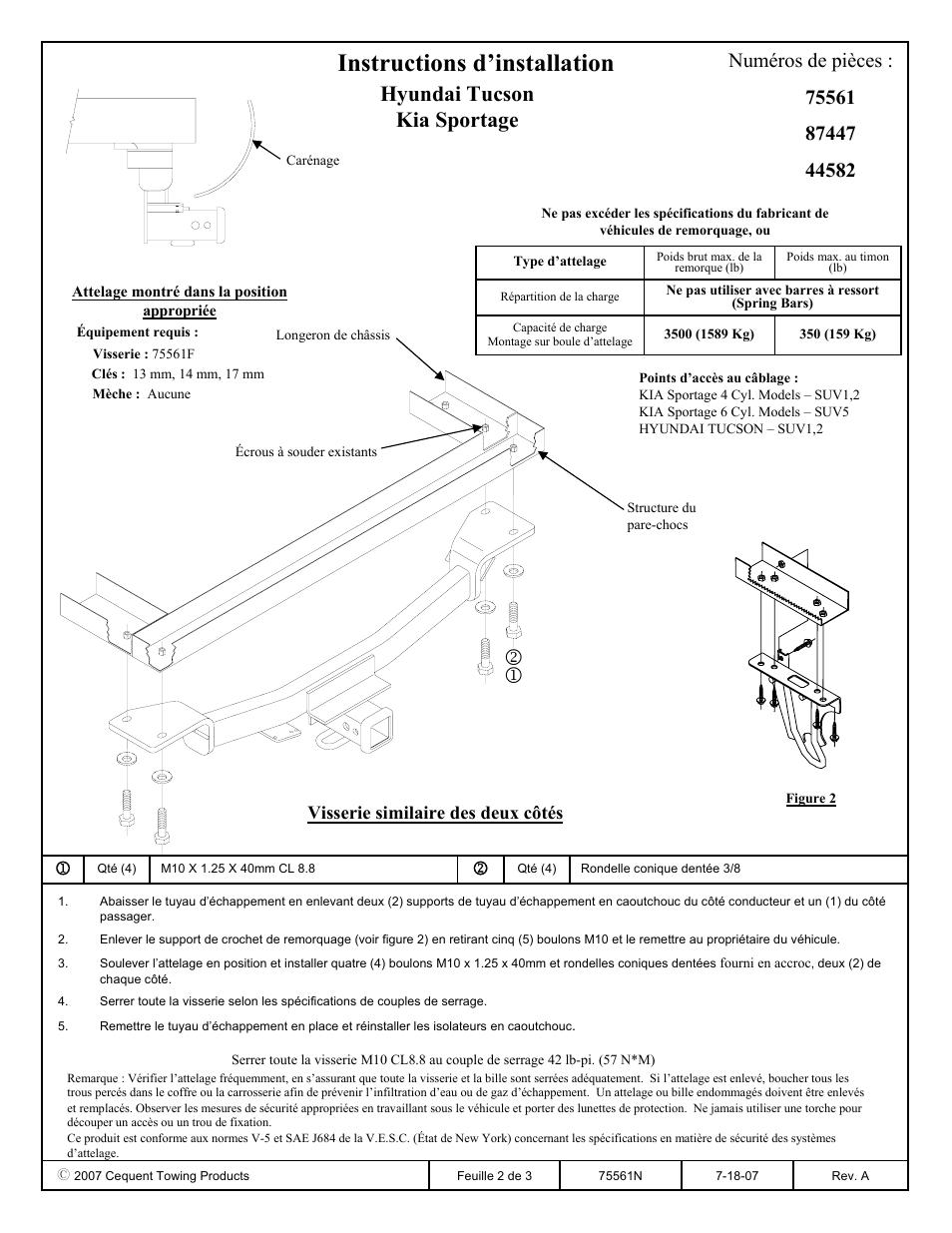 Instructions d’installation, Hyundai tucson kia sportage, Numéros de pièces | Visserie similaire des deux côtés | Draw-Tite 75561 MAX-FRAME RECEIVER User Manual | Page 2 / 3
